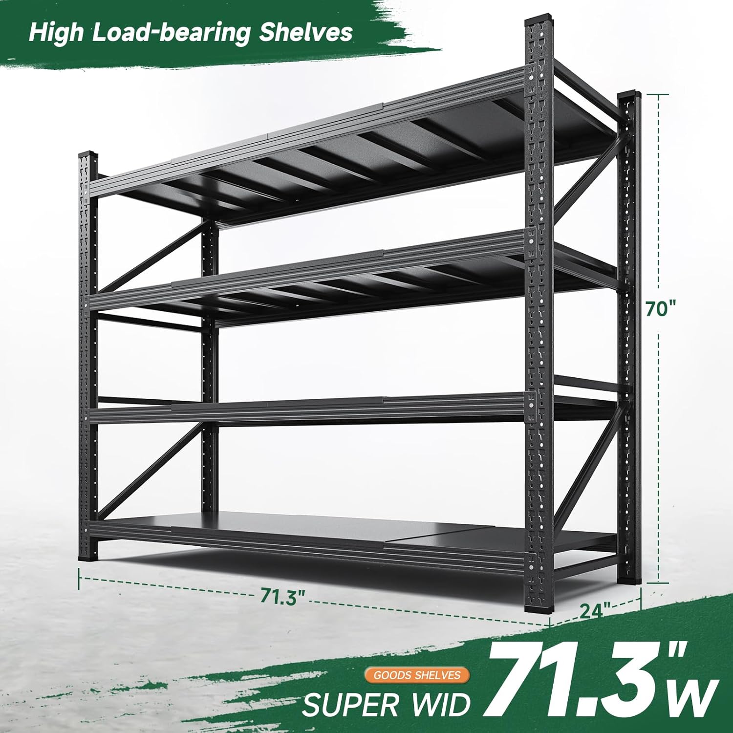 Letaya 71.3" W Metal Storage Shelves,5000LBS Heavy Duty Garage Shelving Units, 4 Tier Adjustable Utility Rack Shelf,Large Industrial Shelves,for Shop,Warehouse,Basement (71.3" W x 24" D x 70" H)