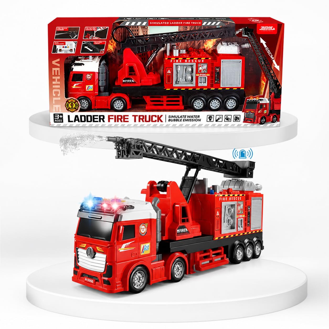 Toyana Large Ladder Fire Truck Toy with Real Water Spray - 69cm Extendable Fire Engine with Flashing Lights & Realistic Siren Sounds - Educational Emergency Rescue Vehicle Gift for Kids Boys Girls 3+