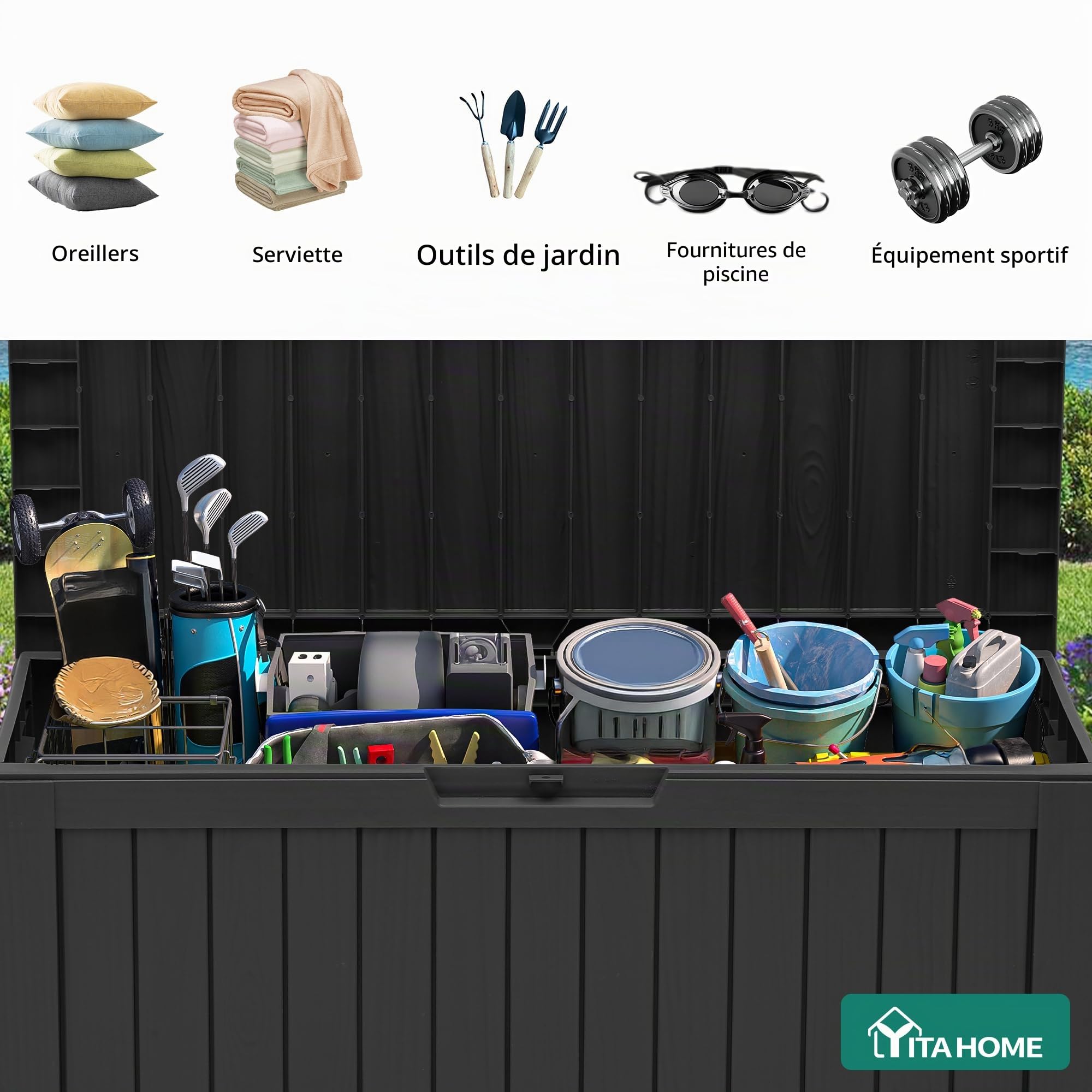 YITAHOME Boîte de rangement d'extérieur avec roulettes, coffre de terrasse en plastique de 270 L, coffre de jardin étanche pour coussins, outils et fournitures de piscine, verrouillable, imitation