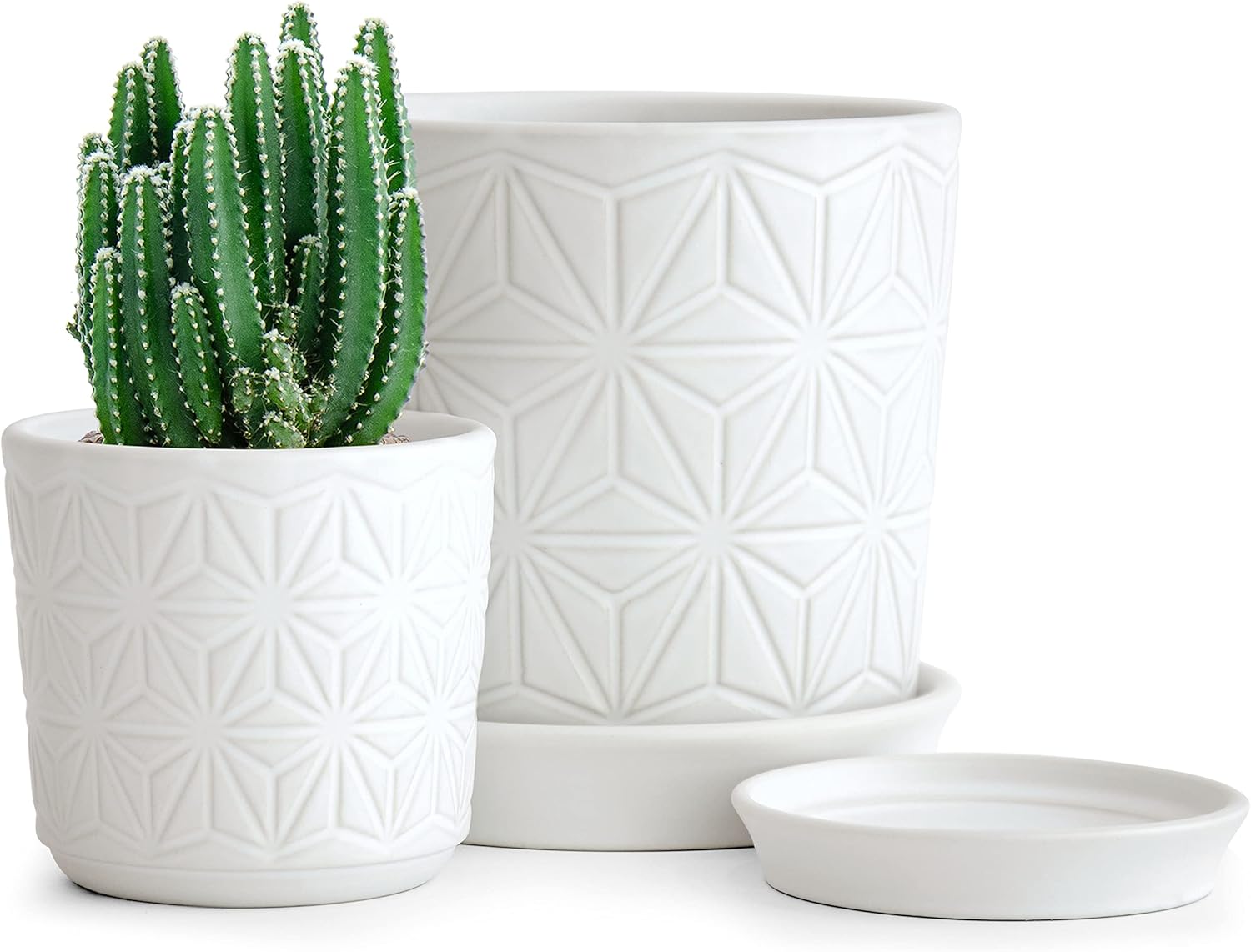 D'vine Dev Ceramic Flower Plants Pots Planter, 3.8 Inch 5.8 Inch Stoneware Planter Pot with Drainage Hole and Saucer, Set of 2, White, 99-E-1