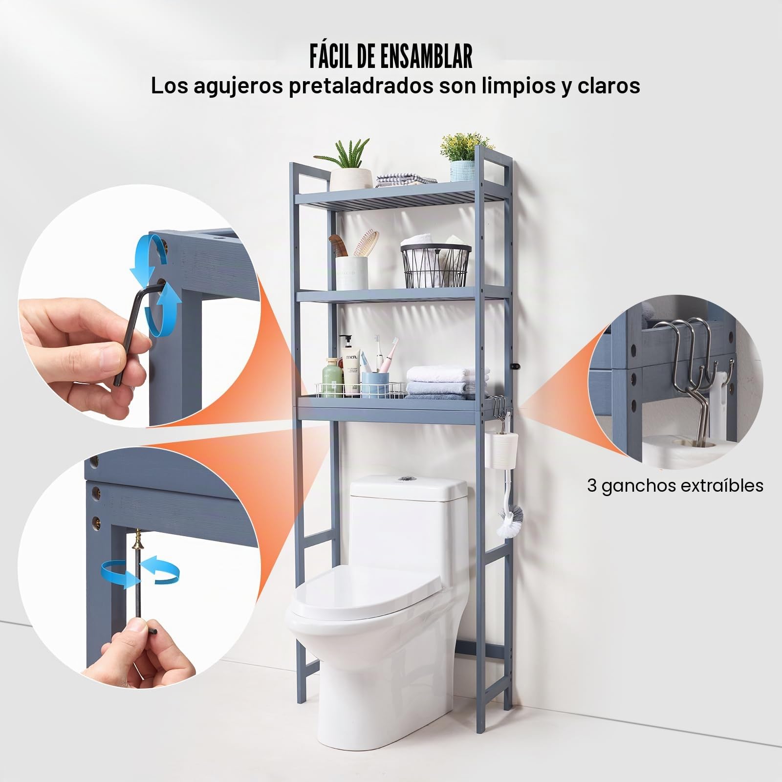 VEVOR Estante para Inodoro Ajustable de 3 Niveles Almacenamiento sobre Inodoro Estantería de Madera para Baño con 3 Ganchos Mueble de Baño Adecuado para la Mayoría de los Inodoros, Lavadero, Gris