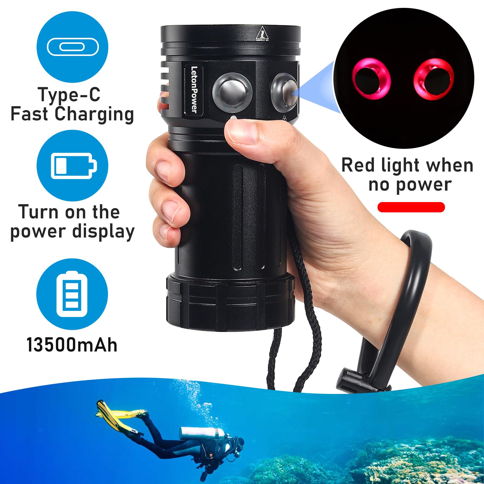 Linterna LetonPower L15 10000Lumens Sumergible buceo, Carga Tipo C, Ideal para Buceo Deportivo, Fotografía y Video