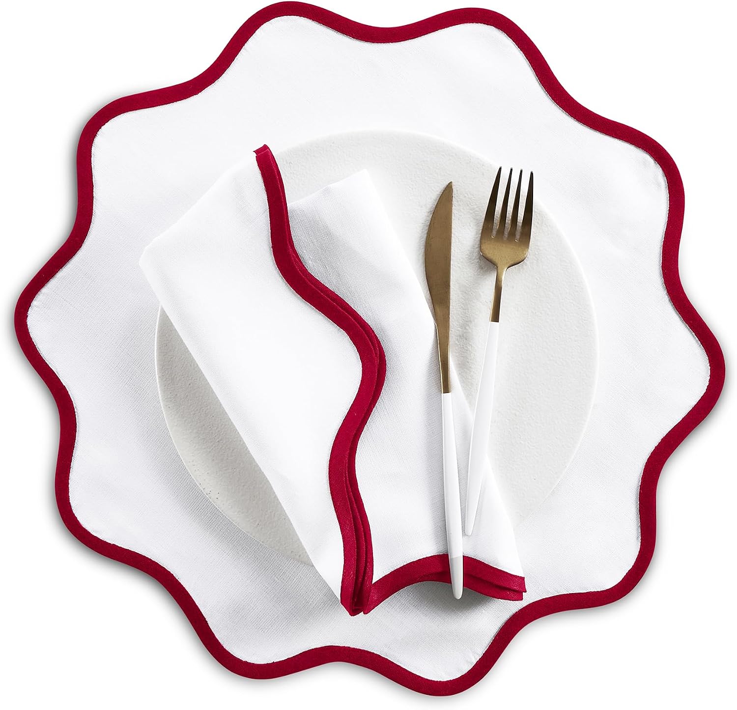 Solino Home Scallop Linen Napkins Set of 4-100% Pure Linen Red and White Dinner Napkins Cloth 20 Inch - Giselle Scallop Edge, Handcrafted and Machine Washable - Memorial Day