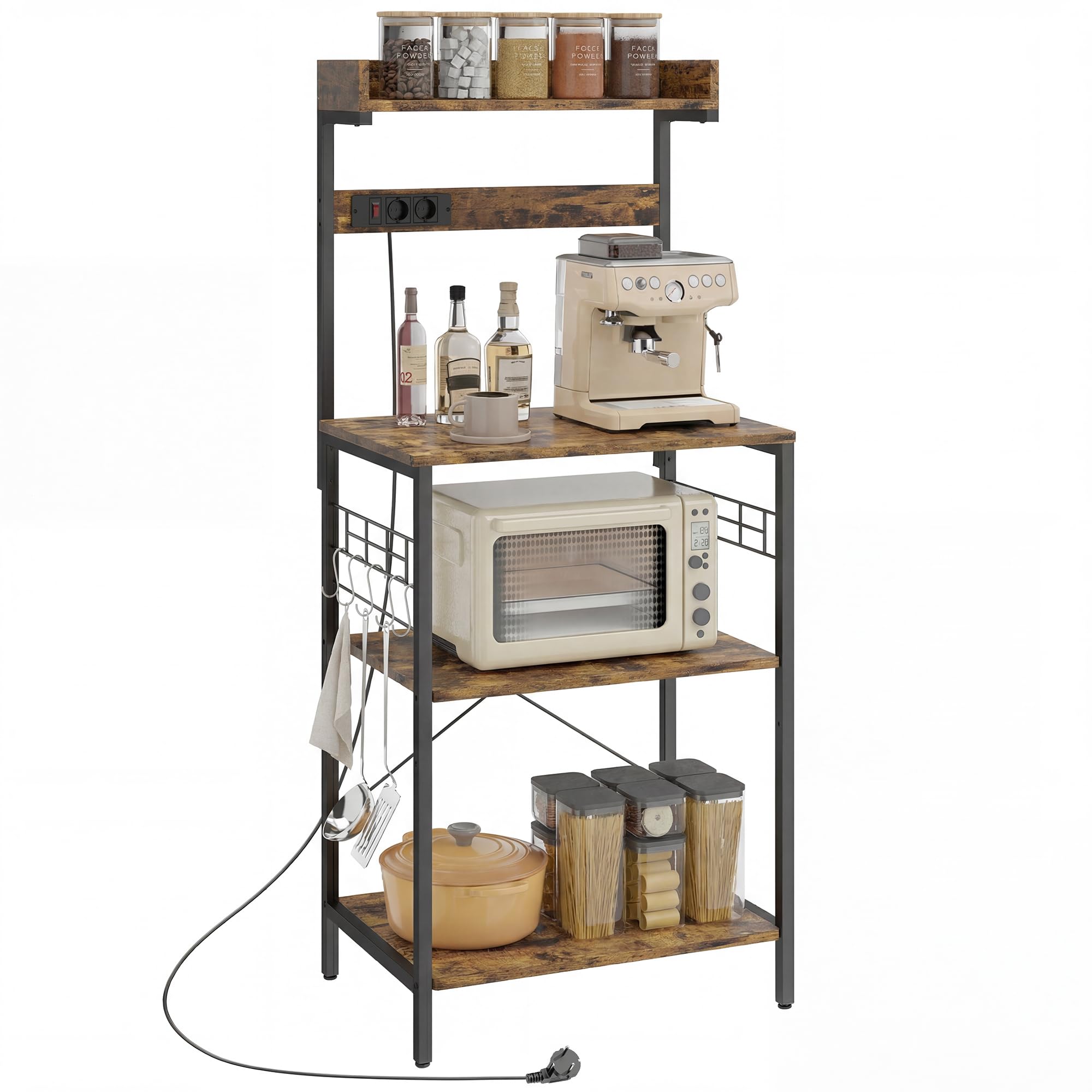 HOMCOM Estantería de Cocina con 2 Tomacorrientes, Estantería de Panadería Industrial con Estación de Café, Estante para Microondas, Estante Ajustable, Ganchos, 60x42x137 cm, Marrón Rústico y Negro