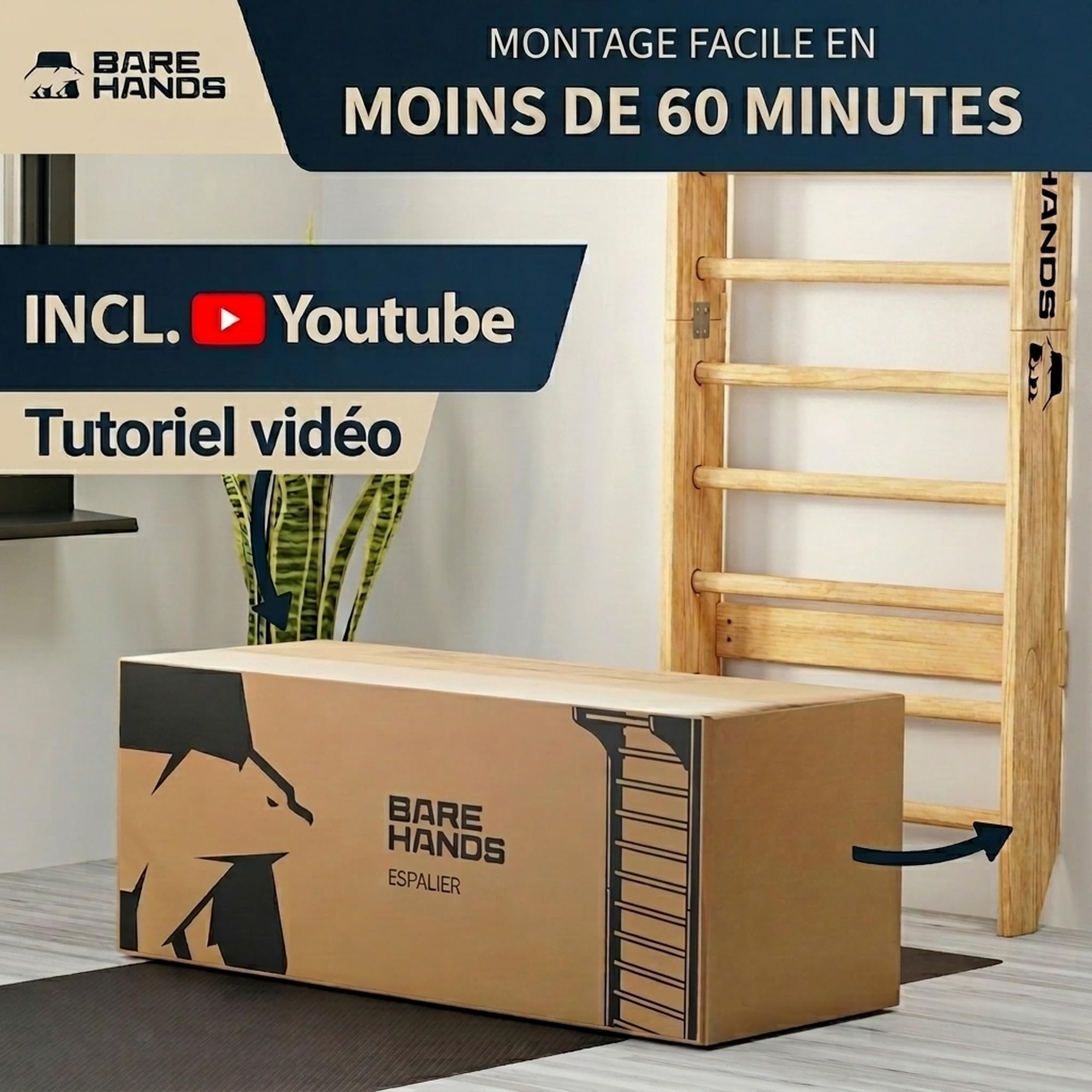 Bare Hands Espalier en Bois pour Adulte et Enfant – Échelle Suédoise Ultra Robuste Jusqu’à 200 kg – Espalier Gym & Musculation pour la Maison – avec ou sans Barre de Traction et Barres à Dips