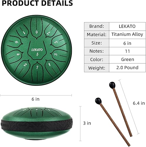 Miniatura 131 de LEKATO Tambor de lluvia para exterior, tambor de lengua de acero de 6 pulgadas, 11 notas, campanilla de lluvia de percusión para meditación, yoga