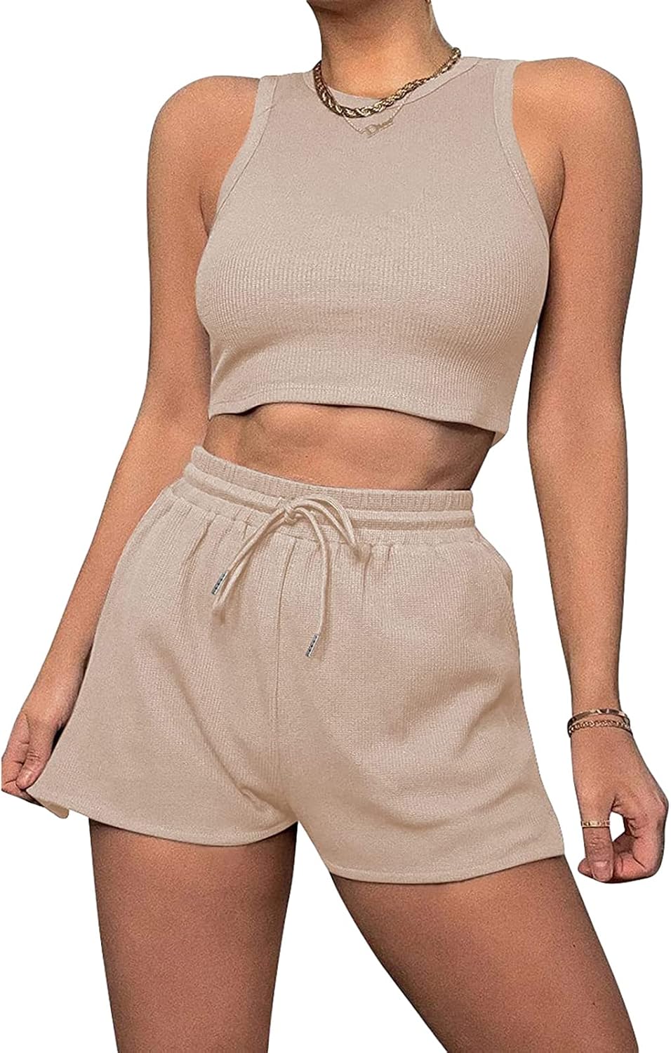 Women Waffle Knit Crop Tank Top and Shorts Set Tracksuits Summer 