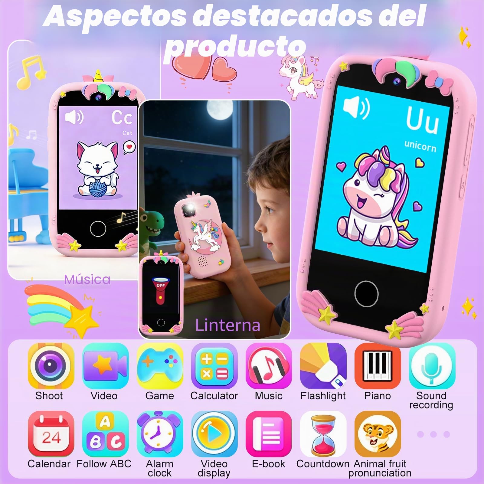 Smartphone Niños, Teléfono Móvil para Niños con Doble Cámara, Pantalla táctil de 2,8 Pulgadas, Música y Juegos, Tarjeta SD de 32 GB, Cumpleaños para Niñas y Niños de 3-10 Años