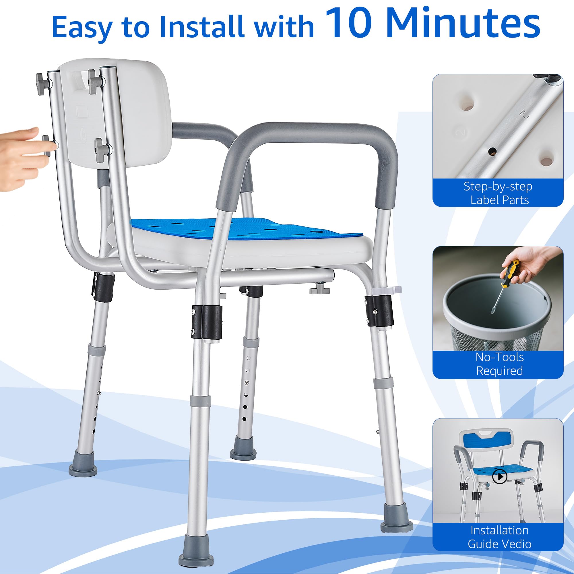 Sedia per Doccia per Anziani e Disabili, Sgabello Doccia con Braccioli e Schienale Rimovibile, Sedile per Vasca da Bagno Antiscivolo Regolabile in Altezza, portata fino a 150 Kg, Blu