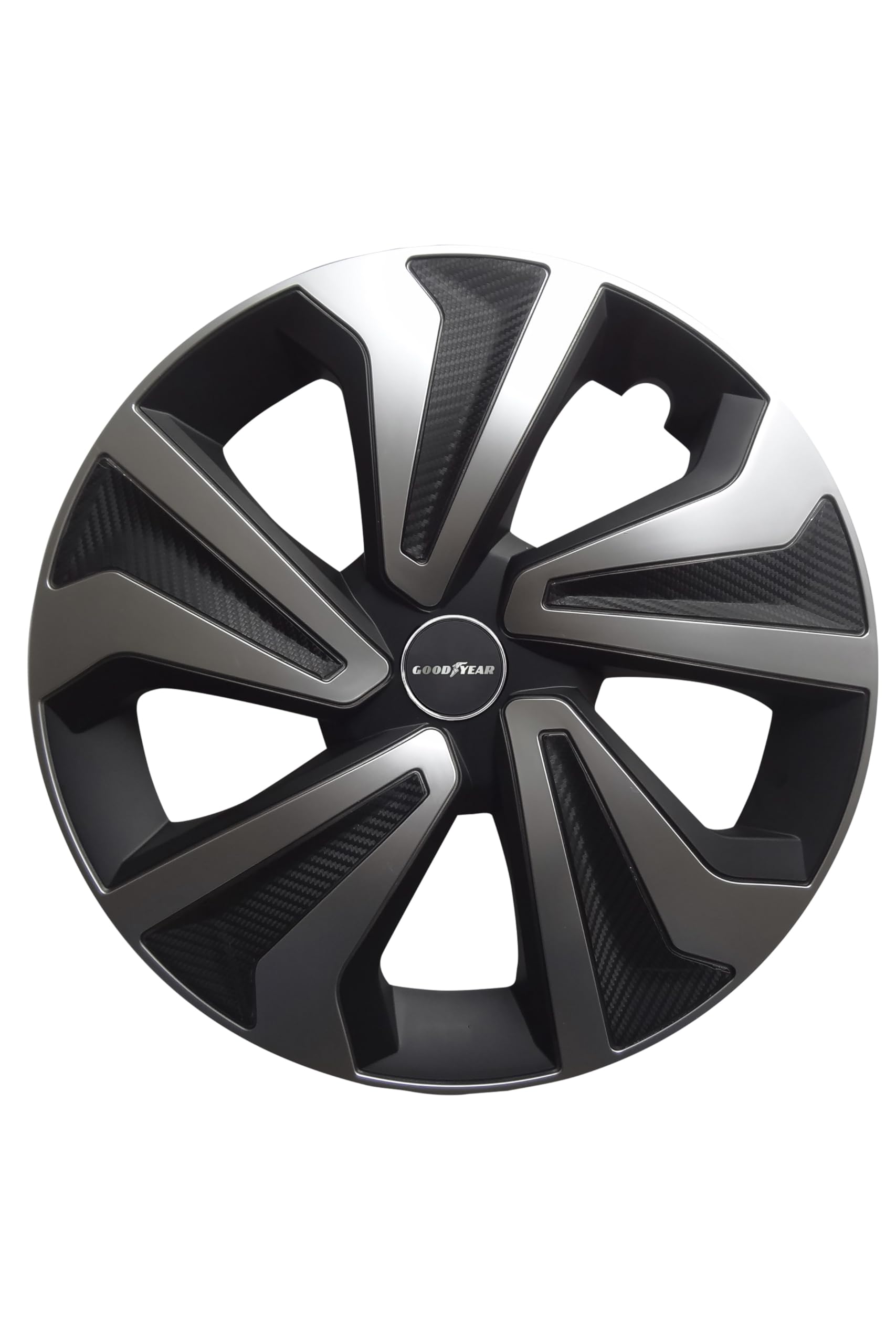 Goodyear Set di 4 copricerchi da 15" Modello Montreal Nero/Argento. Design sportivo per abbinarsi all'esterno del veicolo. Costruzione robusta e durevole.