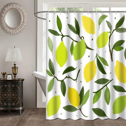 Miniatura 3 de GALMAXS7 Cortina de ducha de limón, ramas y hojas, frutas, elegantes cortinas de ducha exóticas para baño con 12 ganchos, 72 x 72 pulgadas