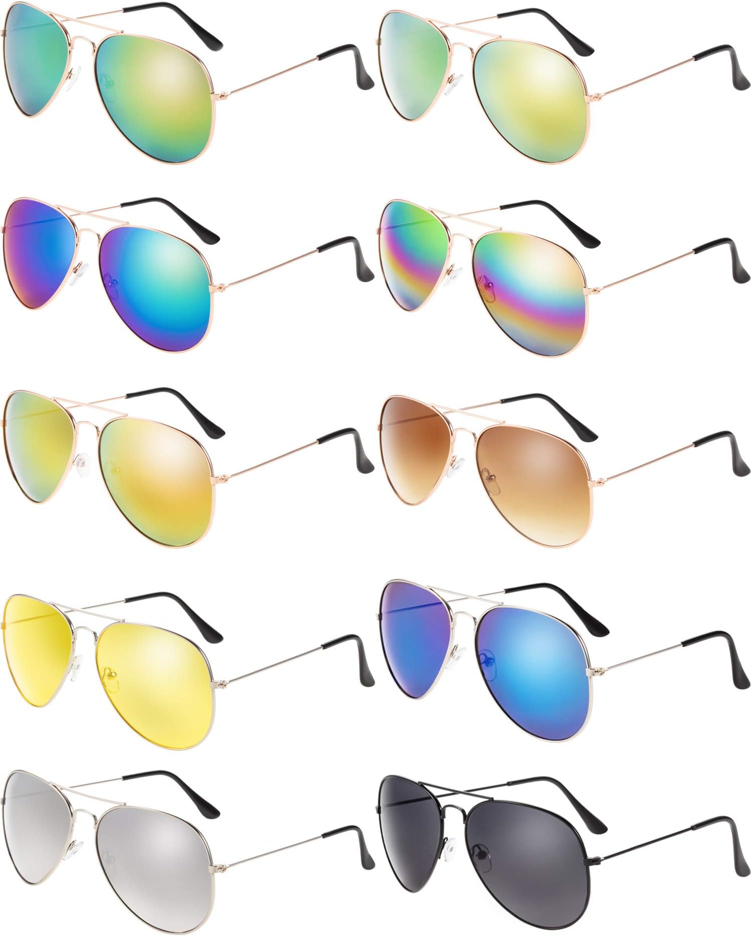 10 Pieces Classic Mirrored Flat Lens Sunglasses Lens Metal Frame Sunglasses for Men Women