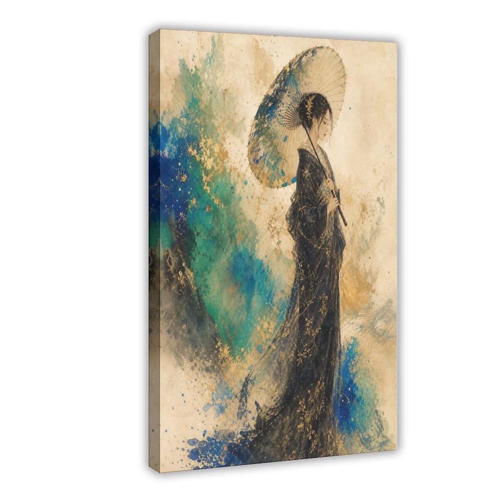 H3b8u2y5 Frame-Style-23 Woman With Parasol By Turquoise Wave Canvas Wall Art, Ukiyo-E Style