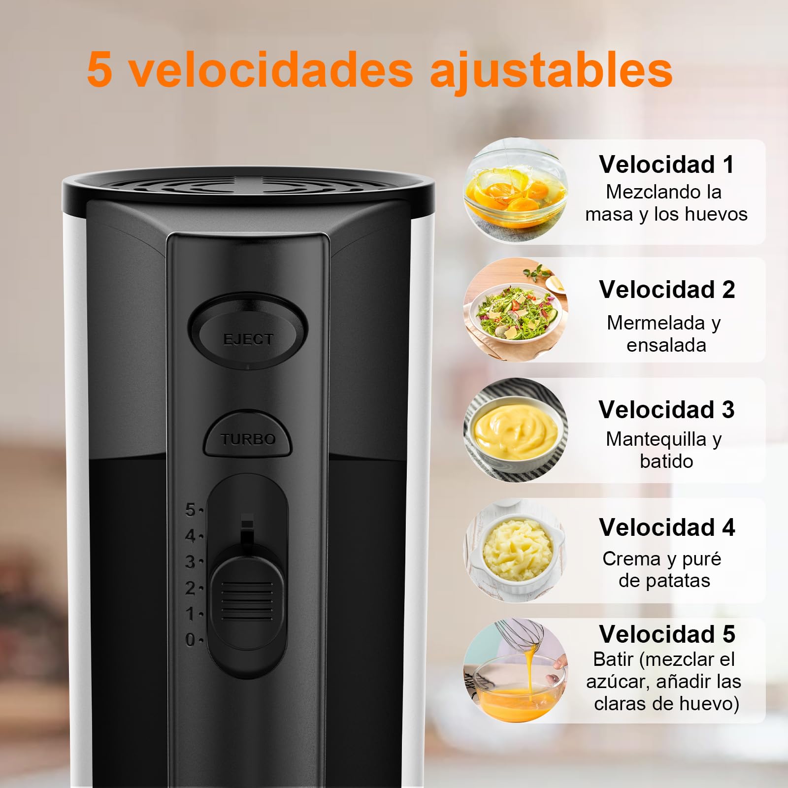 Mezclador de mano eléctrico, mezclador de mano de cocina de 600 W, velocidad Turbo Boost/autocontrol + 5 velocidades + botón de expulsión + batidores de mano de acero inoxidable x 2 y ganchos de masa