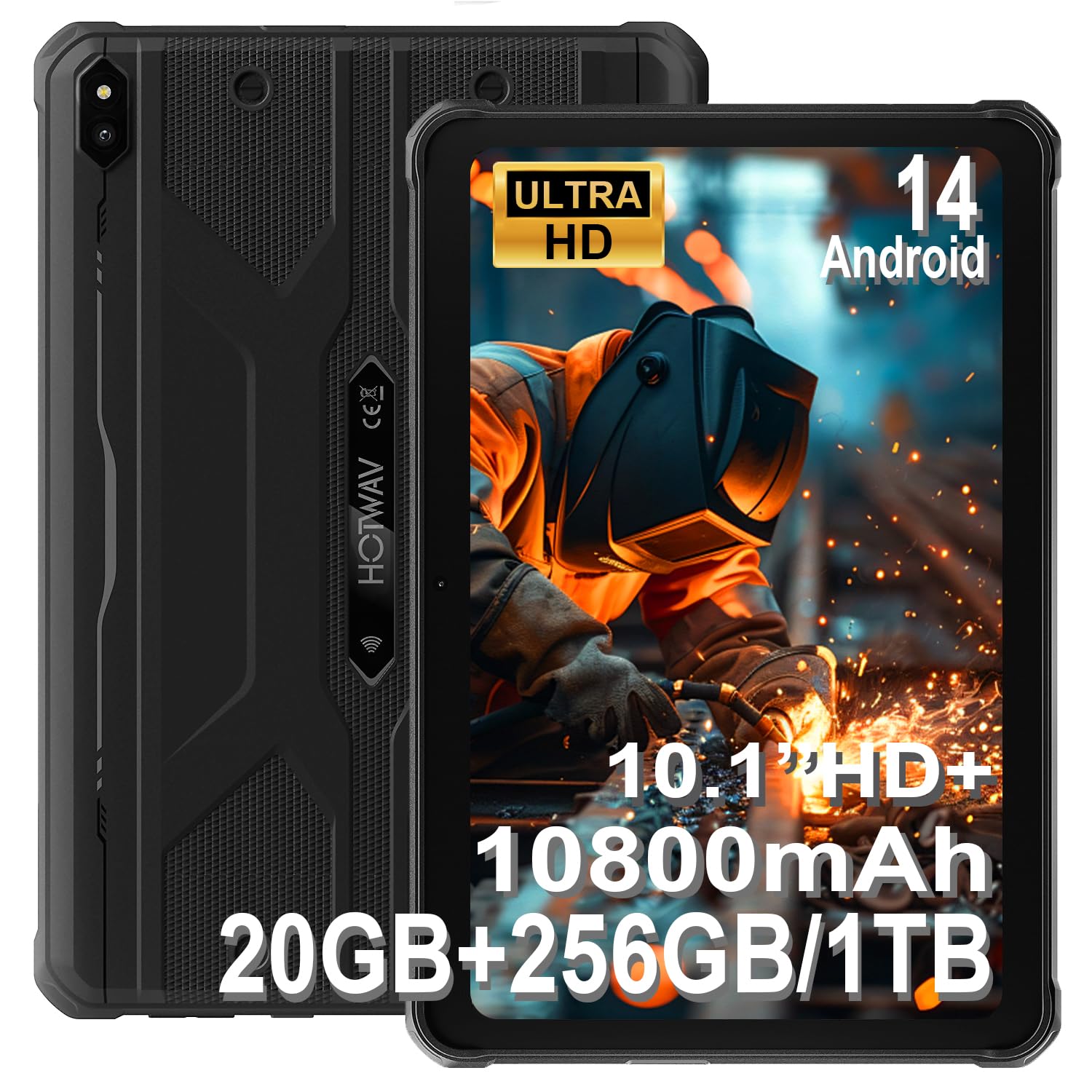 Tableta robusta HOTWAV R10 Pro, tableta Android 14 de 20 GB + 256 GB / TF de 1 TB, tabletas impermeables HD + de 10.1 pulgadas, batería de 10800 mAh, cámara de 13MP + 5MP, Octa-Core / Dual SIM 4G / WLAN 5 / IP68 e IP69K / Face ID / GPS / OTG / 2025