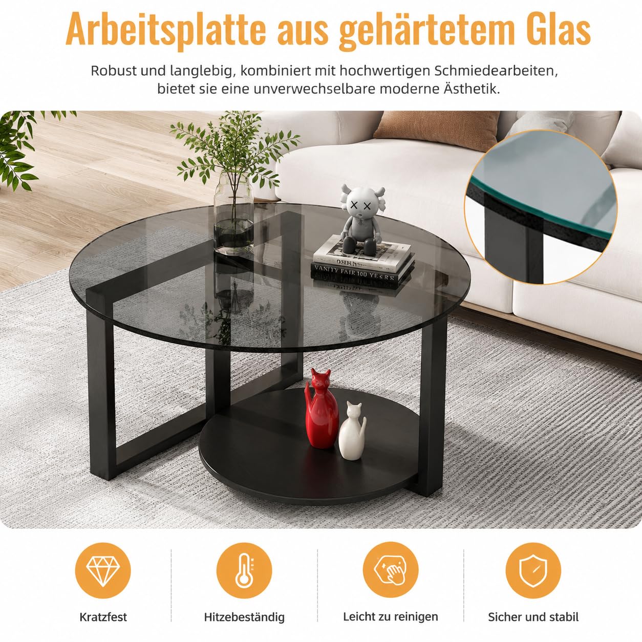 Couchtisch rund Ø60 x H45 cm-Beistelltisch mit Ablage - 2 Ebenen