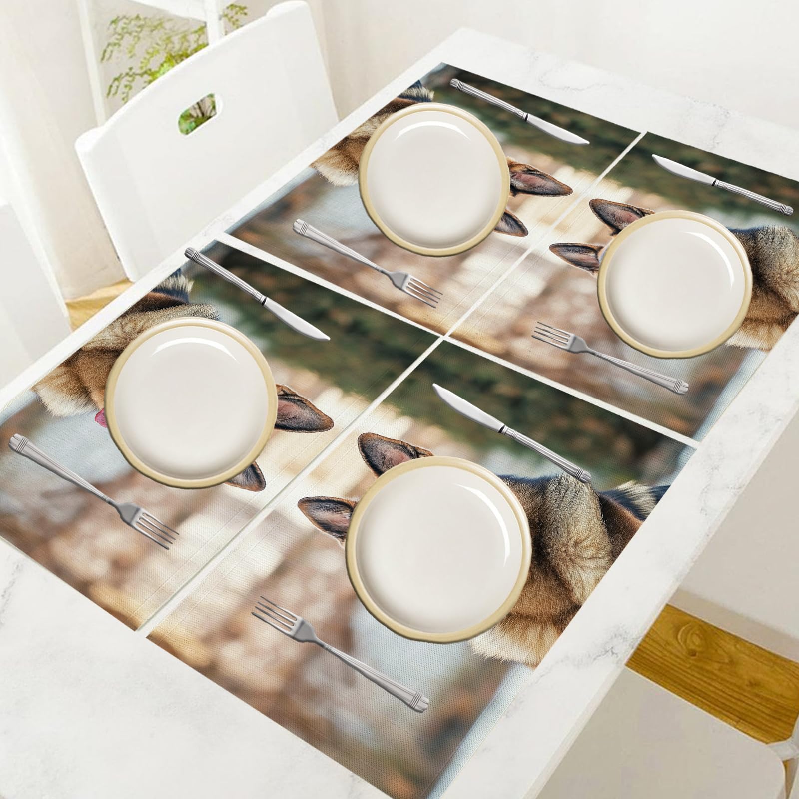Set di 8 Tovagliette Americane Lavabili Cotone Lino Animali invernali - Tovaglietta Americana Stoffa Resistenti al Calore Durevole Cane da pastore- per Colazione Pranzo