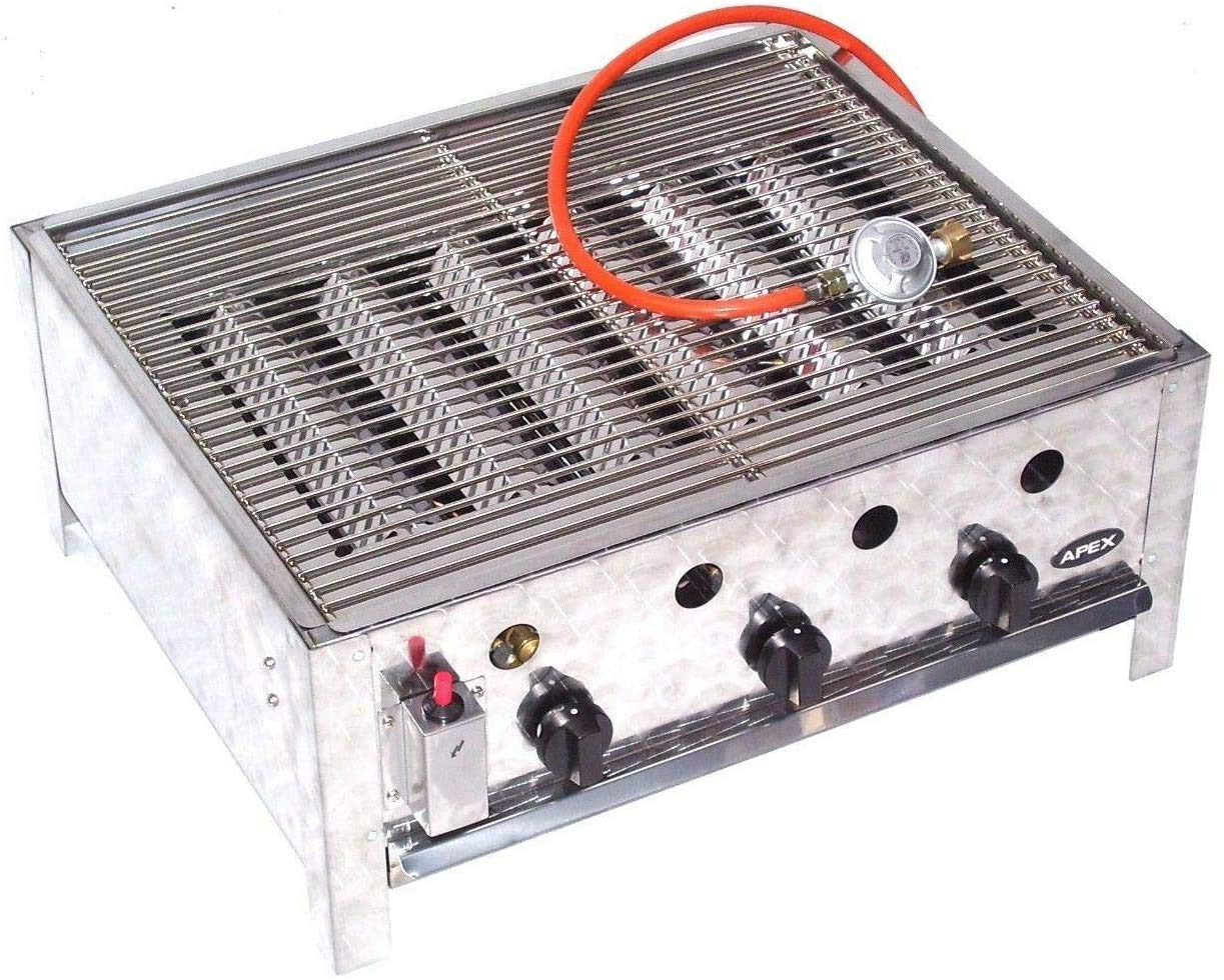 D&L Barbacoa de gas profesional 55510 + juego de parrilla 511 con parrilla, tapa del quemador y bandeja recogegrasa, acero inoxidable, 10 kW, 3 fuegos, parrilla de gas, parrilla de gas, parrilla