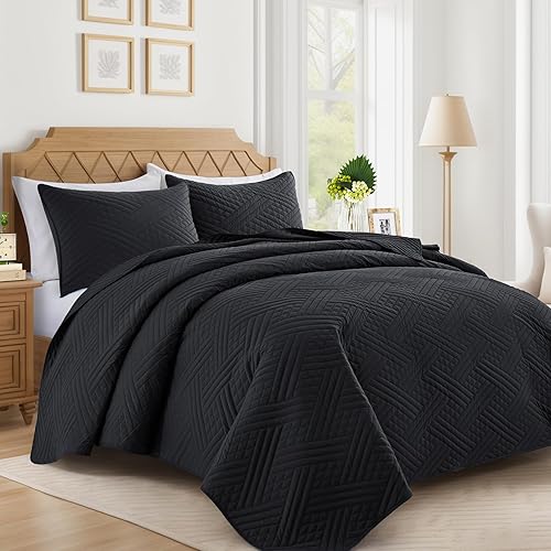 Lavsiry Black Quilt Queen Size with Striped Pattern, Lightweight Soft Summer Thin Microfiber Bedspread & Coverlet Bedding Set for All Seasons - 3 Piece(1 Quilt, 2 Pillow Shams)