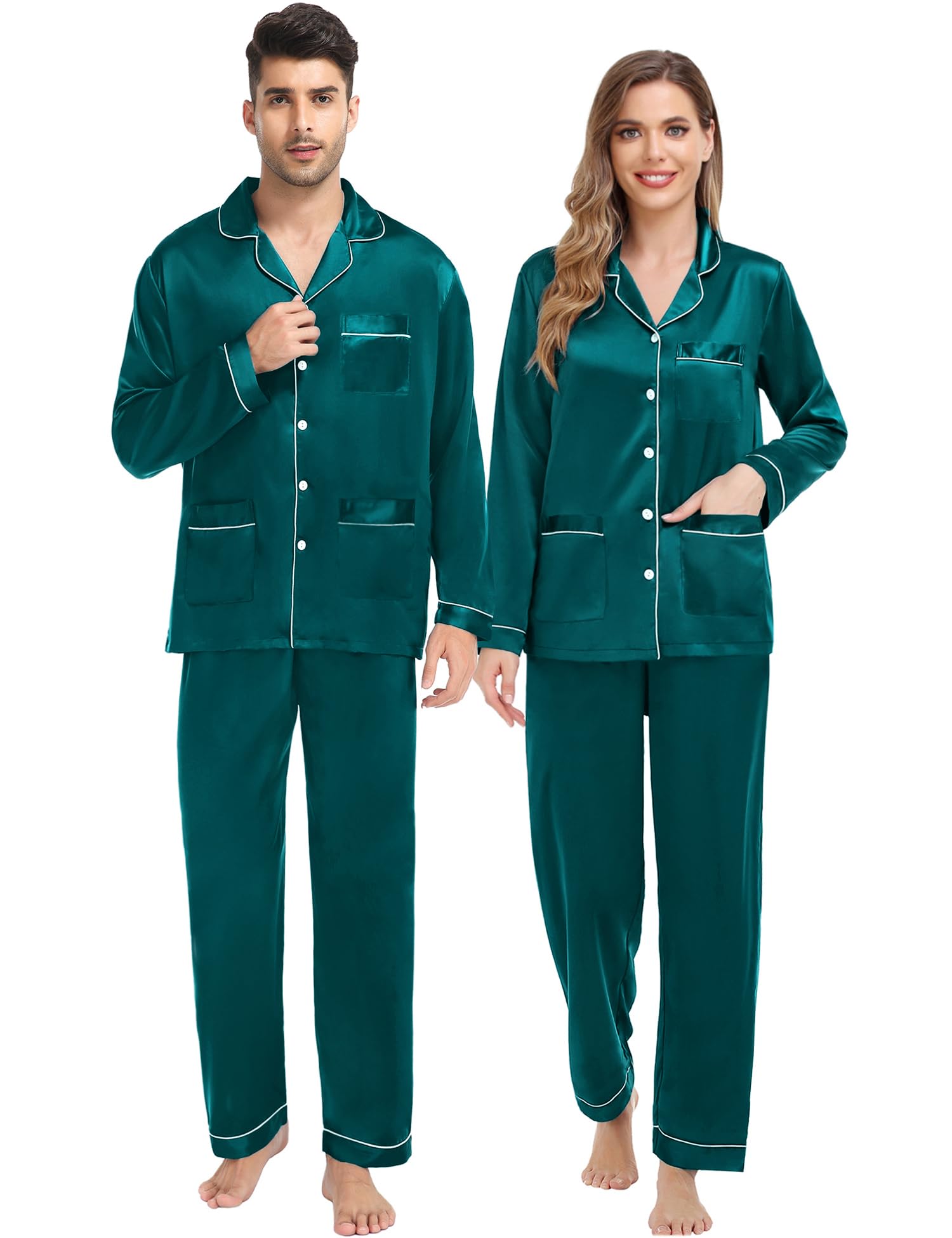 Photo 1 of SWOMOG Couples Matching Pajamas Set Satin Long Sleeve Sleepwear Soft Button Down Pj Set Silk Loungewear Men X-Large Green