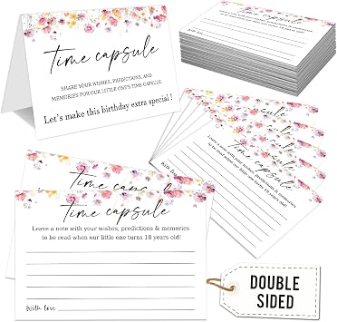 Time Capsule for 1st Birthday - Babys First Birthday Keepsake Kit with 50 Pcs Wildflower Party Games Cards, Child-Suitable - Time Capsule Cards Memory Gift Letters to Open at 18 -A06