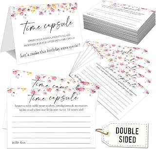 Time Capsule for 1st Birthday - Baby's First Birthday Keepsake Kit with 50 Pcs Wildflower Party Games Cards, Child-Suitable - Time Capsule Cards Memory Gift (Letters to Open at 18) -A06