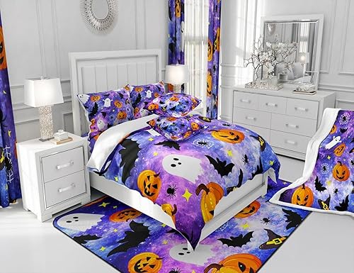 Miniatura 6 de Manfei Juego de sábanas de Halloween tamaño matrimonial, juego de sábanas de fantasmas de calabaza con temática de galaxia, 4 piezas con sábana