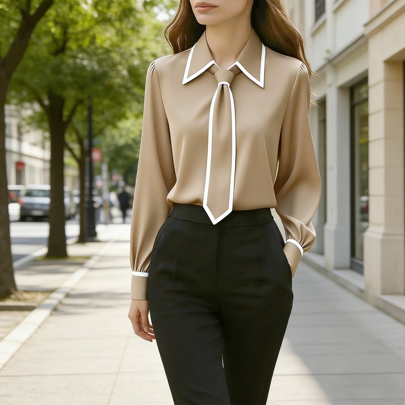 Camisa de manga larga con botones para mujer, elegante, delgada, para negocios, trabajo, blusa de satén con lazo en el cuello, elegante, informal, para la oficina