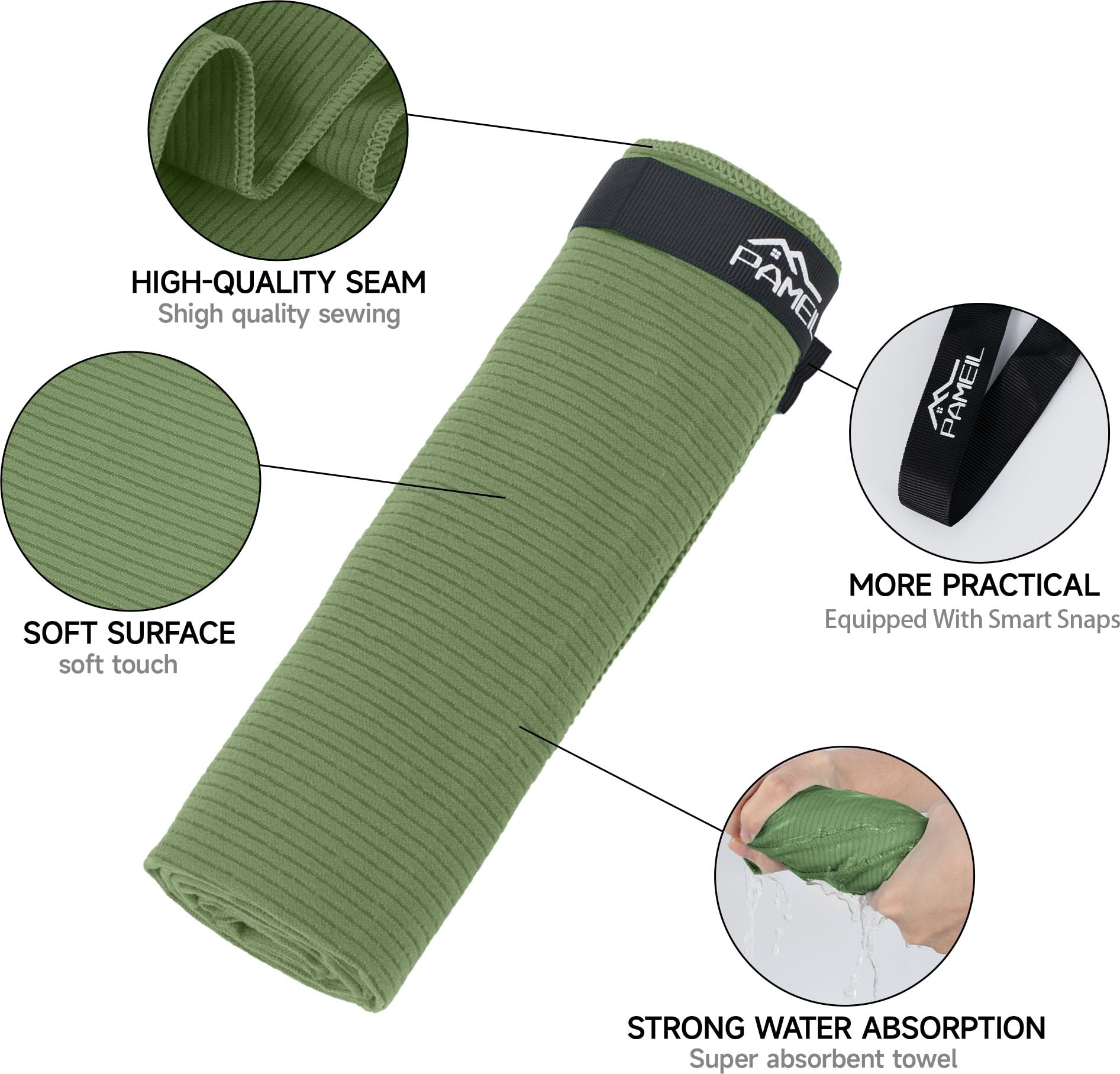 Pameil Toalla Gimnasio Juego de 2 (Toalla Microfibra 160x80 cm + Toalla Pequeña 80x40 cm), Compactas y de Secado Rápido-Toallas Gimnasio Deportes y Fitness (Verde Militar)