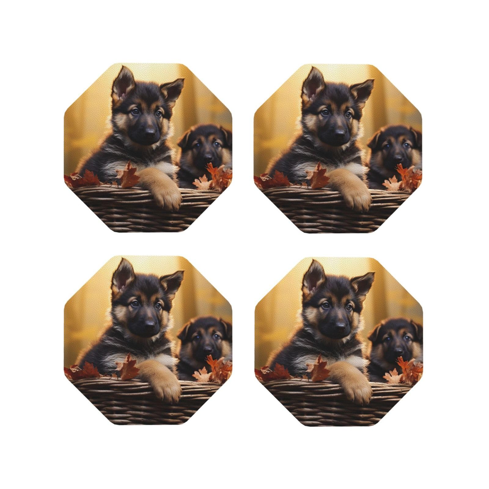 4Pcs PU Leather Coaster for Drinks, Little German Shepherd Dog Cup Coastersr 4" Cup Mat Pad, Aesthetic Drink Coasters for Coffee Table, Octagon Coaster for Tabletop Protection