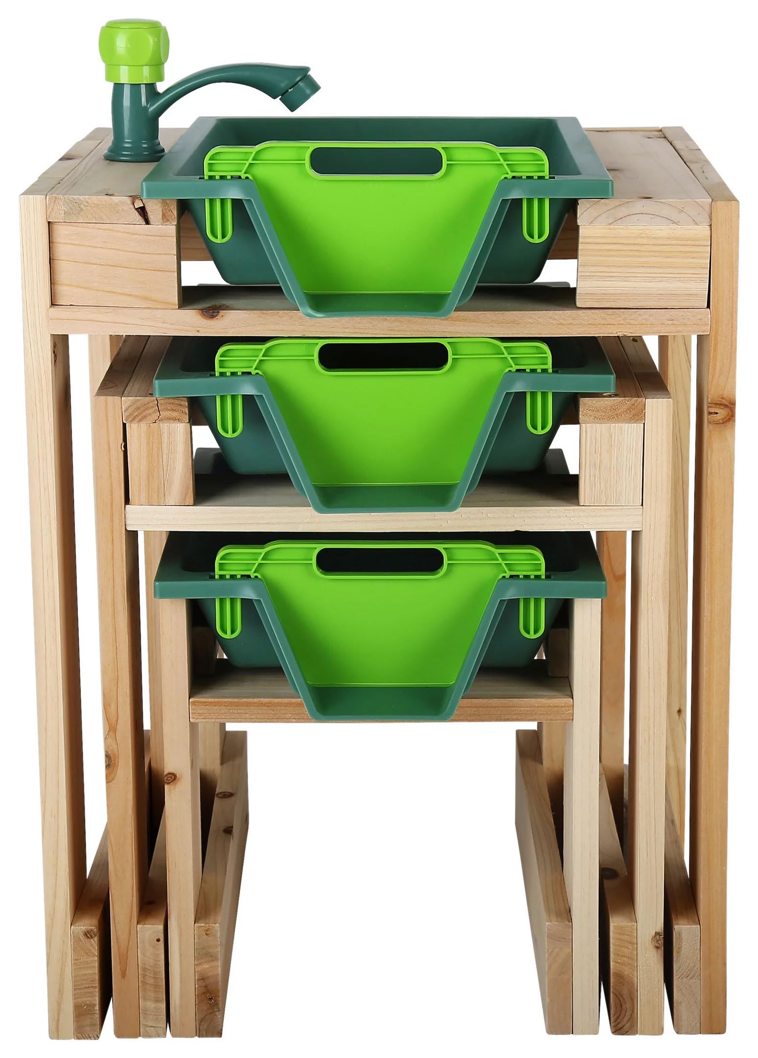 ToyToyToy Wasserbahn 3 teilige Wasserstraße mit Holzgestell Wasserhahn Schleusen Schlauchanschluss