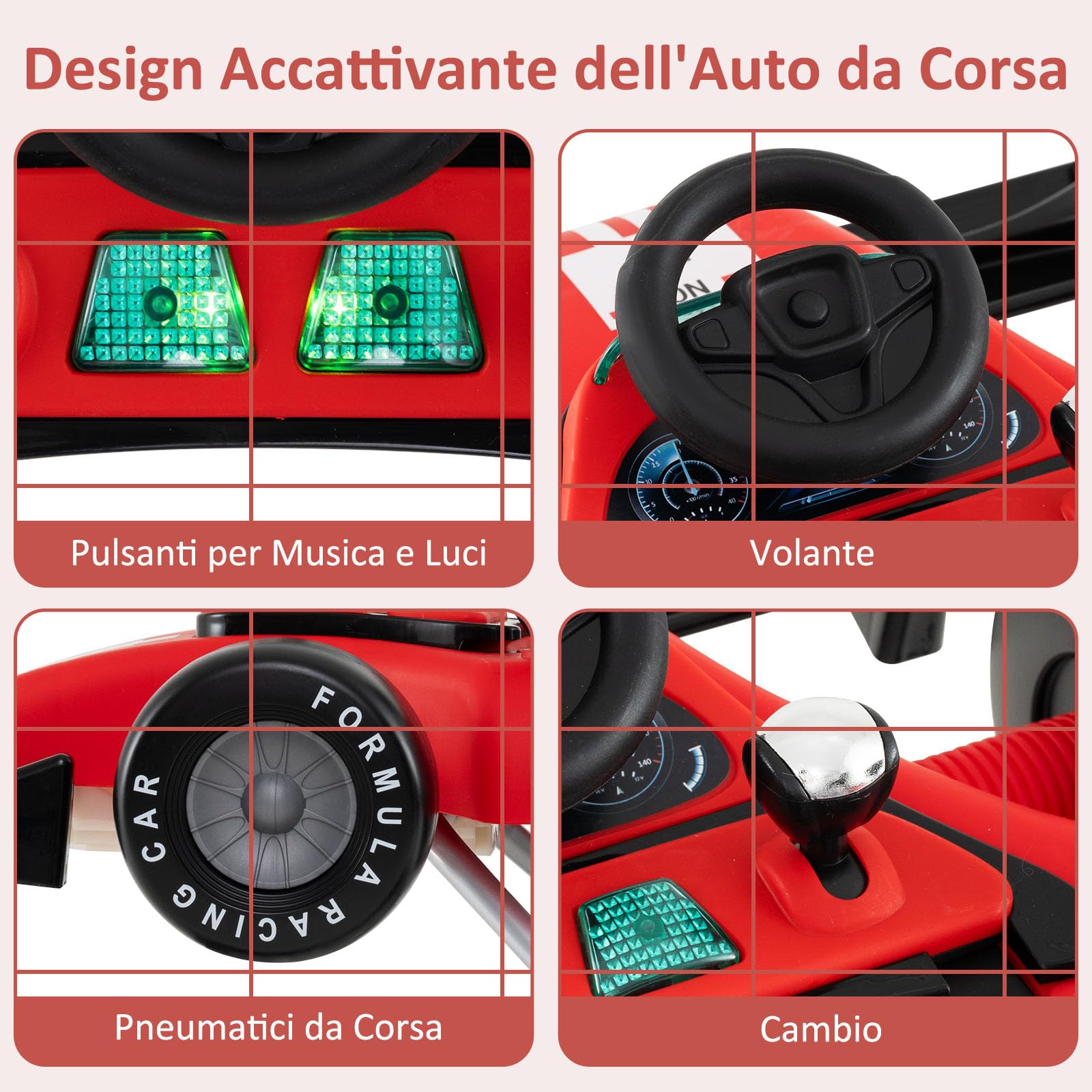 RELAX4LIFE 4 in 1 Girello a Spinta Primo Passo per Bambini da 6 a 18 Mesi con Luci e Suoni, Velocità e Altezza Regolabili, Portata 12 kg, 64x73x50,5/55,5 cm (Modello 2-Rosso) (ROSSO)