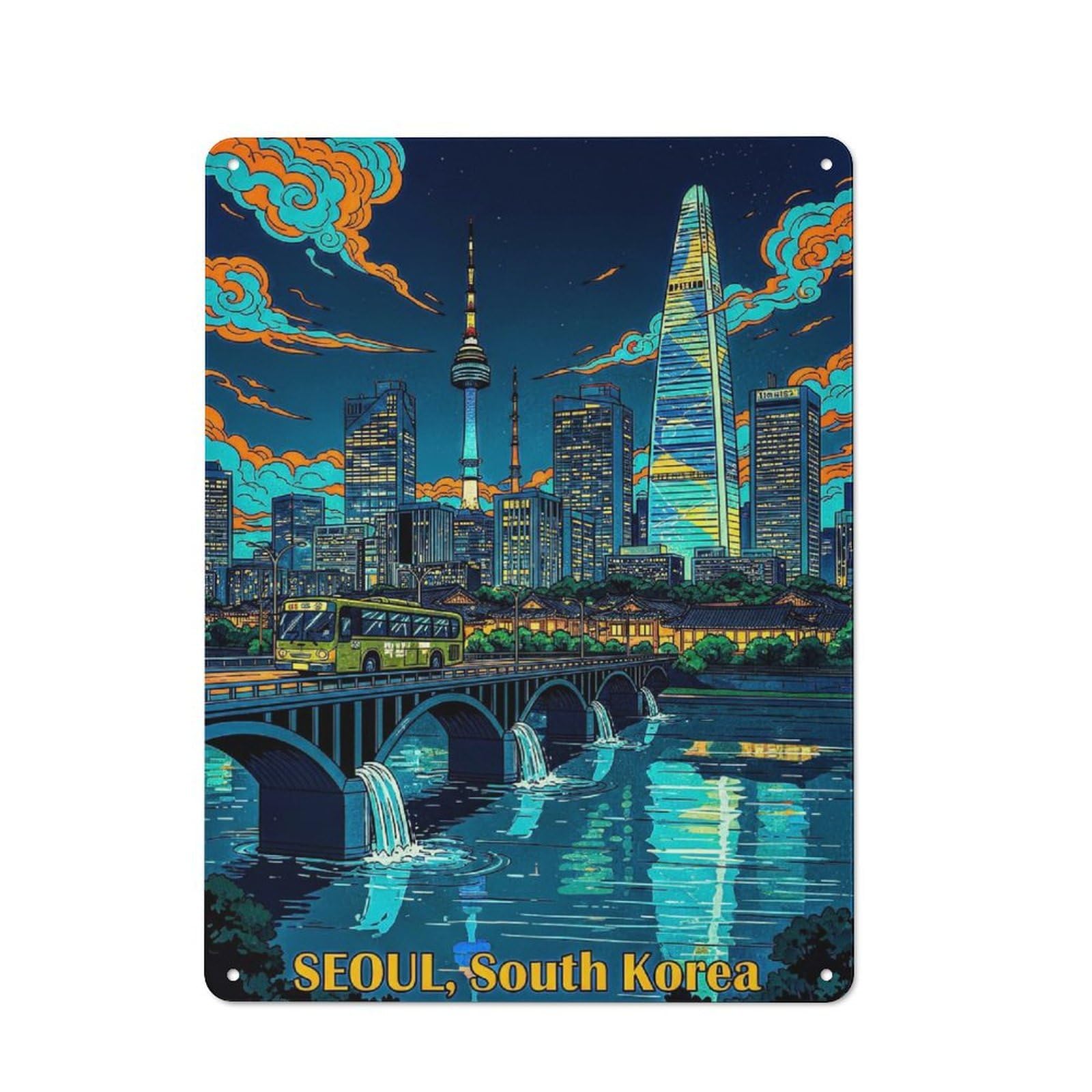 Junmoney Style-13 Metal Wall Sign 40X30cm Featuring Seoul Cityscape At Night(3) For Bar Or Restaurant, Gift For Bar Decor Enthusiasts During The Christmas Season