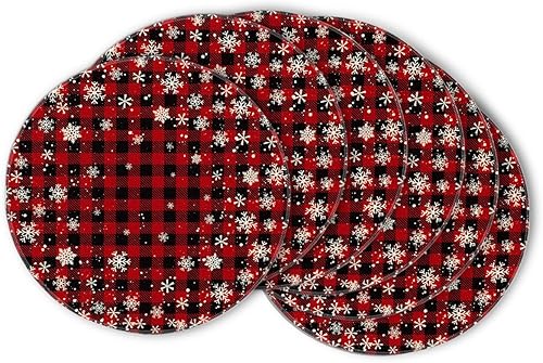 Artoid Mode Juego de 6 manteles individuales redondos de Navidad con diseño de copos de nieve de búfalo rojo y negro, manteles individuales redondos
