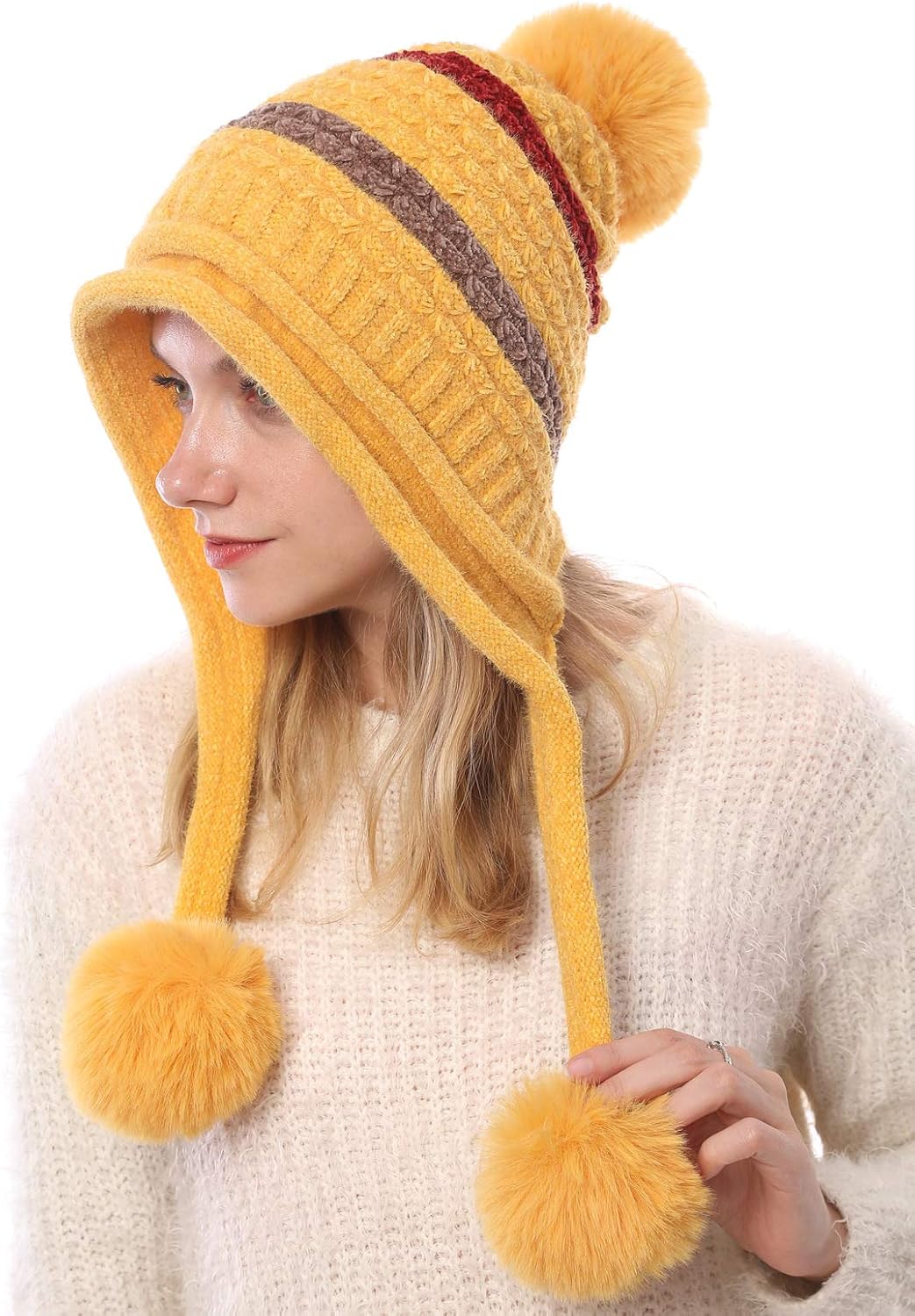 Women Winter Peruvian Cover Ears Beanie Hat Ear Flaps Sherpa Ski Snow Hats Knit Fleece Lined 3 Pom Pom - Image 5