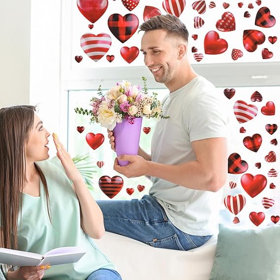 9Sheets Valentines Day Window Clings Decorations, Valentines Red Heart Stickers Double Sided Window Clings for Glass Windows, Reusable Romantic Decals Decor for Home Anniversary Wedding Party