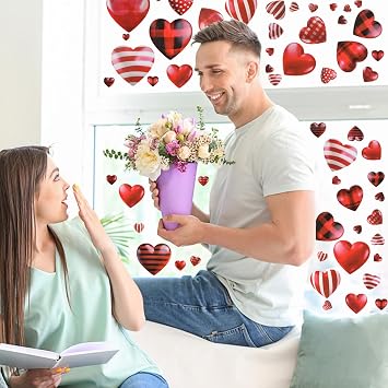 9Sheets Valentines Day Window Clings Decorations, Valentines Red Heart Stickers Double Sided Window Clings for Glass Windows, Reusable Romantic Decals Decor for Home Anniversary Wedding Party