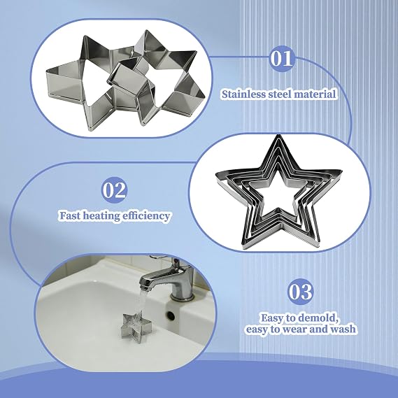 5PCS Star Cookie Cutters, Stainless Steel Biscuit Cutters, Star Shaped Pastry Cutter Baking Pastry Set, for DIY Baking, Pastry, Cookie, Festival Foods, Cakes, Party Decorations, 5 Size