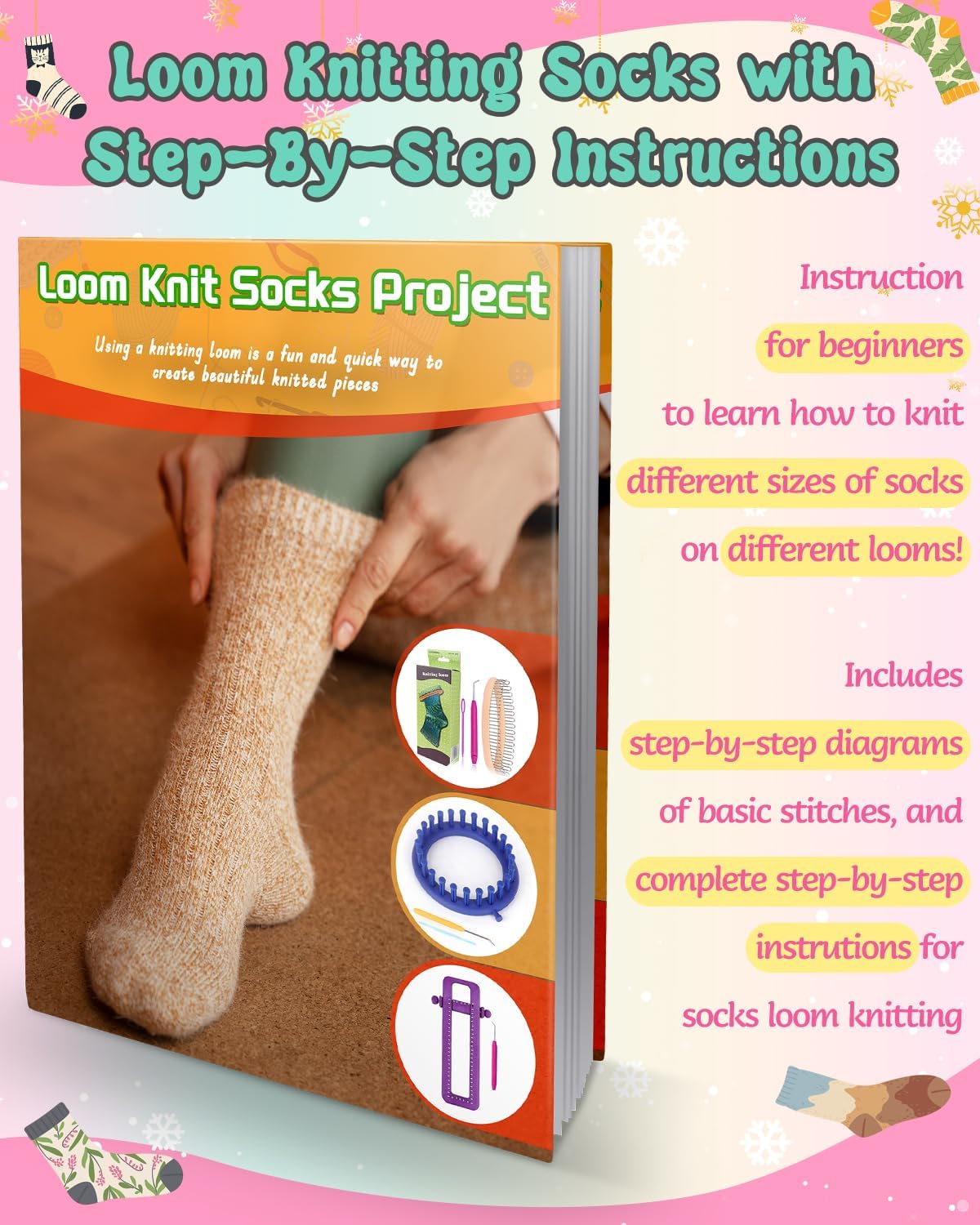 Coopay Sock Loom Knitting Kit for Beginners, Knitting Loom Set with 4 Yarn, Easy-to-Follow Instructions, Learn to Knitting Sock for Adults, Fantastic DIY Gifts Knit Hat, Pink Green Yellow