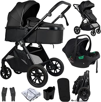 For Your Little One Cruise 3-in-1 Travel System with i-Size Car Seat, Stroller, 13kg Pram, Height Adjustable Handle, Pram, Newborn 0-4 Years Free Raincover and Cupholder Eclipse Black