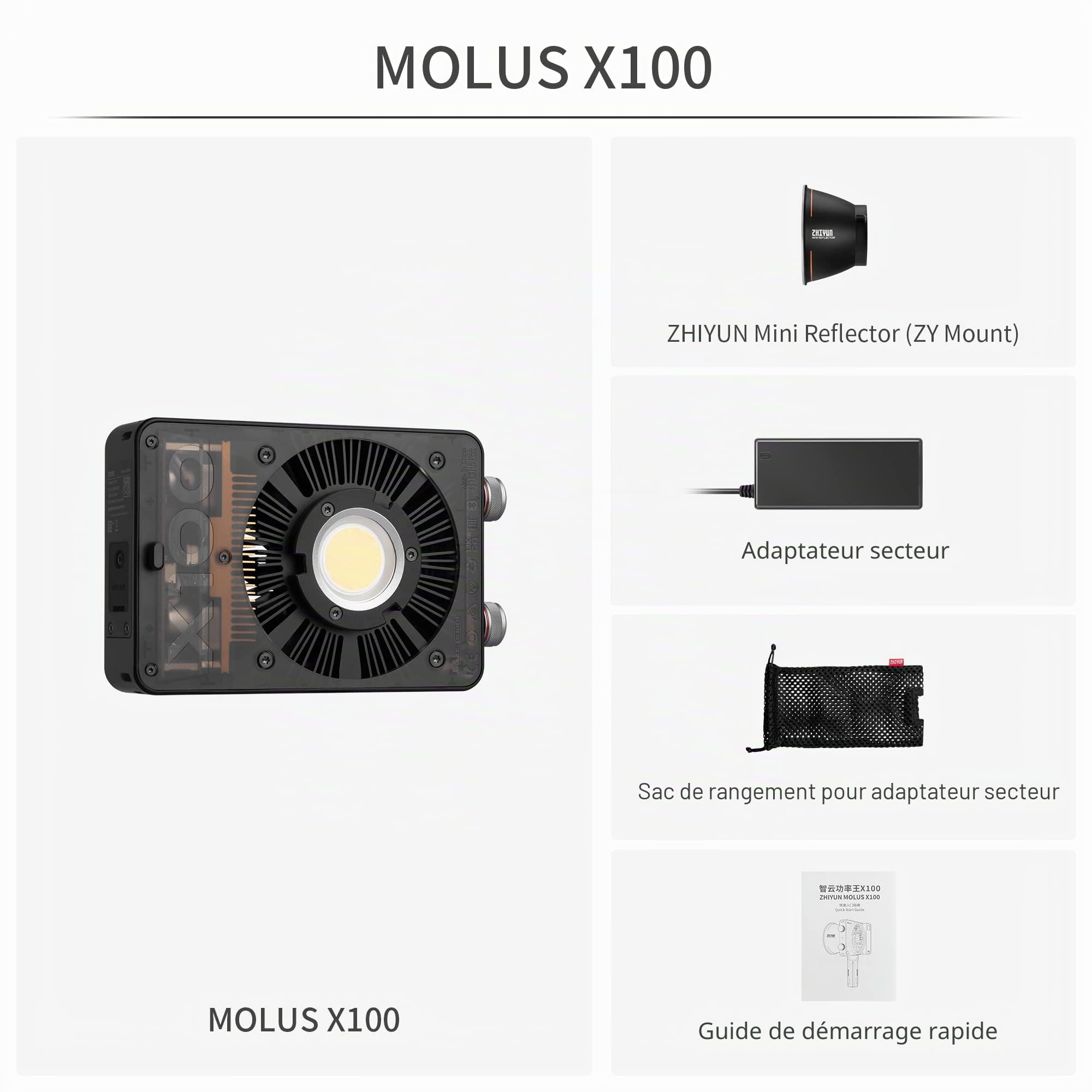 ZHIYUN MOLUS X100 Lumiere Video Standard 100W bi-Couleur [Officiel],Mise à Jour v2 COB Eclairage Video avec 17317 Lux/ 2700~6500K/ CRI≥95/ TLCI≥97/ Contrôle APP