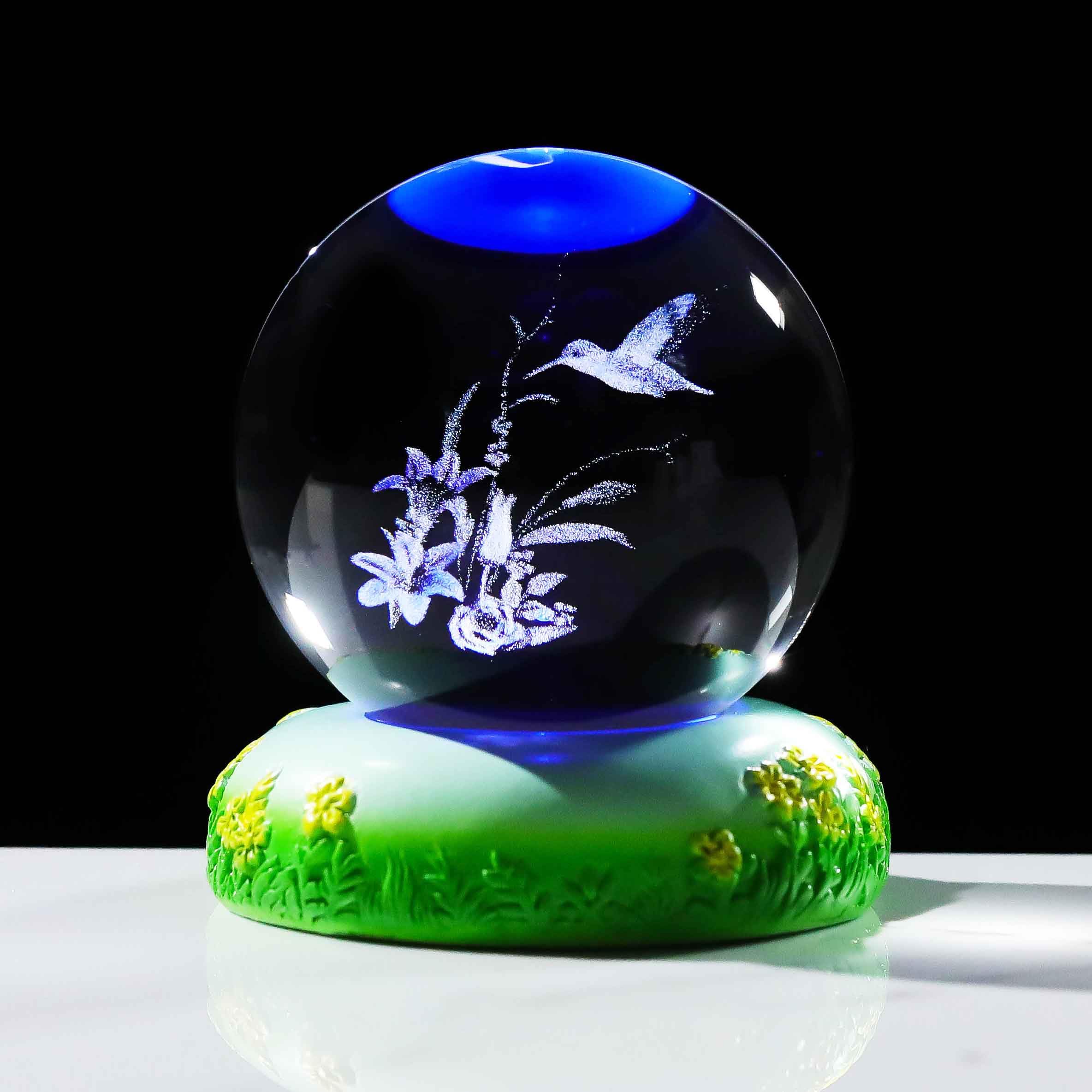 2.36in. Crystal Ball Engraved 3D Lily Flower and Hummingbird with LED Base