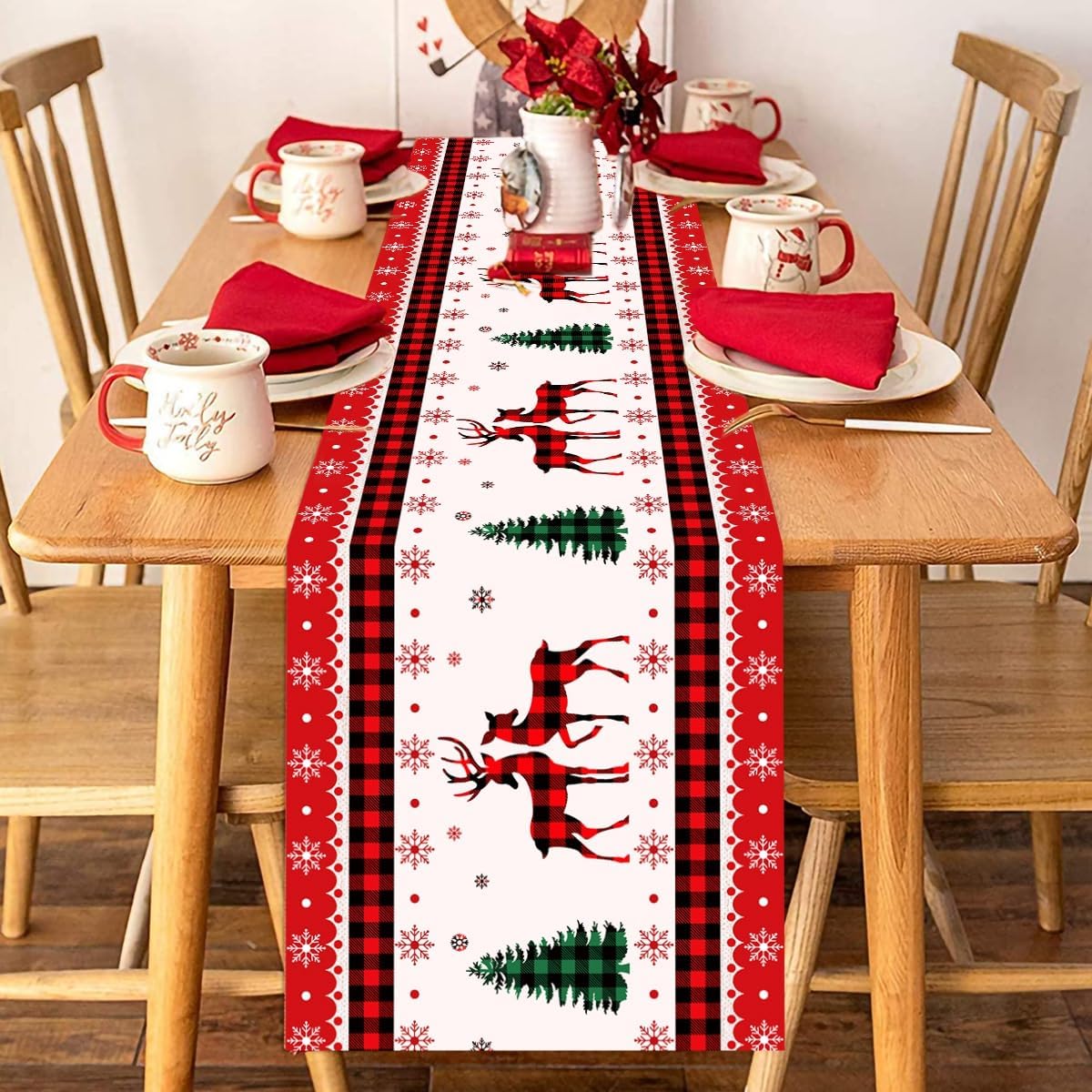1 peça de caminho de mesa de Natal, veado de Natal, árvore de Natal, flocos de neve, preto e vermelho, buffalo, xadrez, toalha de mesa de fazenda, para decoração de cômoda de mesa de jantar de Natal 1 peça de caminho de mesa de Natal, veado de Natal, árvore de Natal, flocos de neve, preto e vermelho, buffalo, xadrez, toalha de mesa de fazenda, para decoração de cômoda de mesa de jantar de Natal