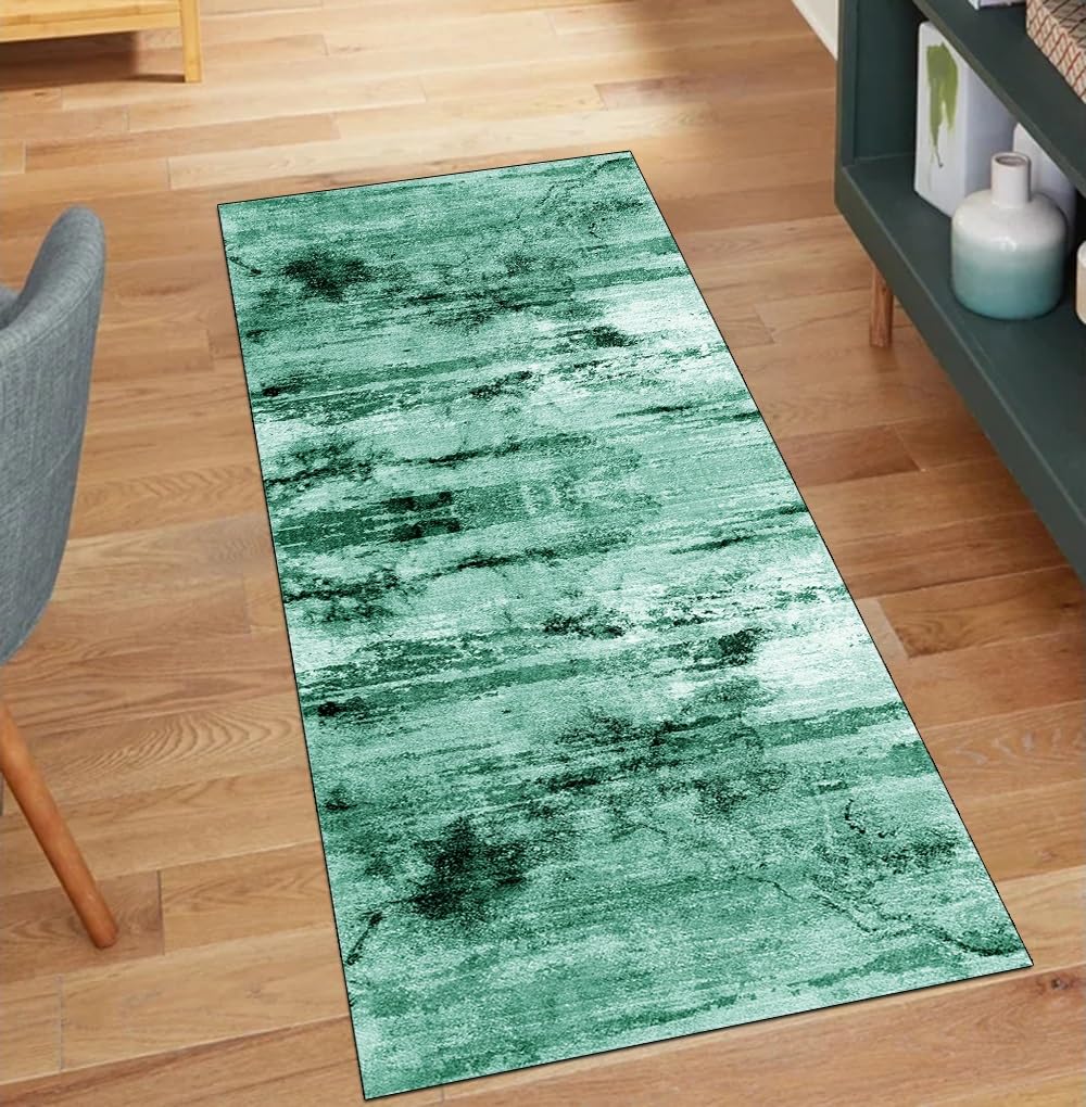 Alfombra de pasillo lavable de 40 x 450 cm antideslizante y larga en color verde oscuro abstracta