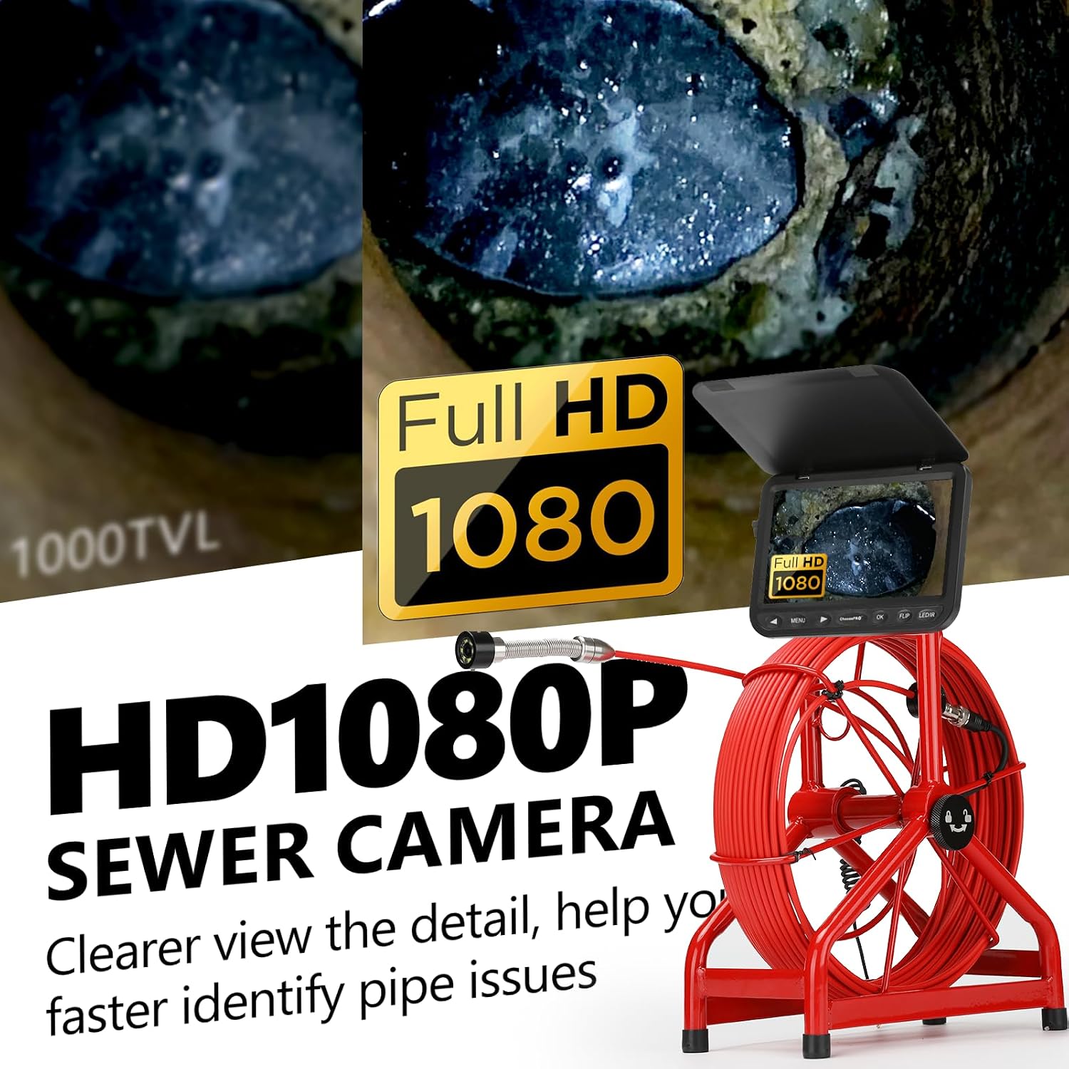 [ChoosePRO®] ChoosePRO HD1080P Sewer Camera, 7'' w/DVR-32GB, [Min. Bend Dia: 6cm for Bend Sewer] Drain Camera, [New 1s Twist-to-Unlock System] Plumbing Snake Pipe Inspection Camera, 5000mAh, 65ft