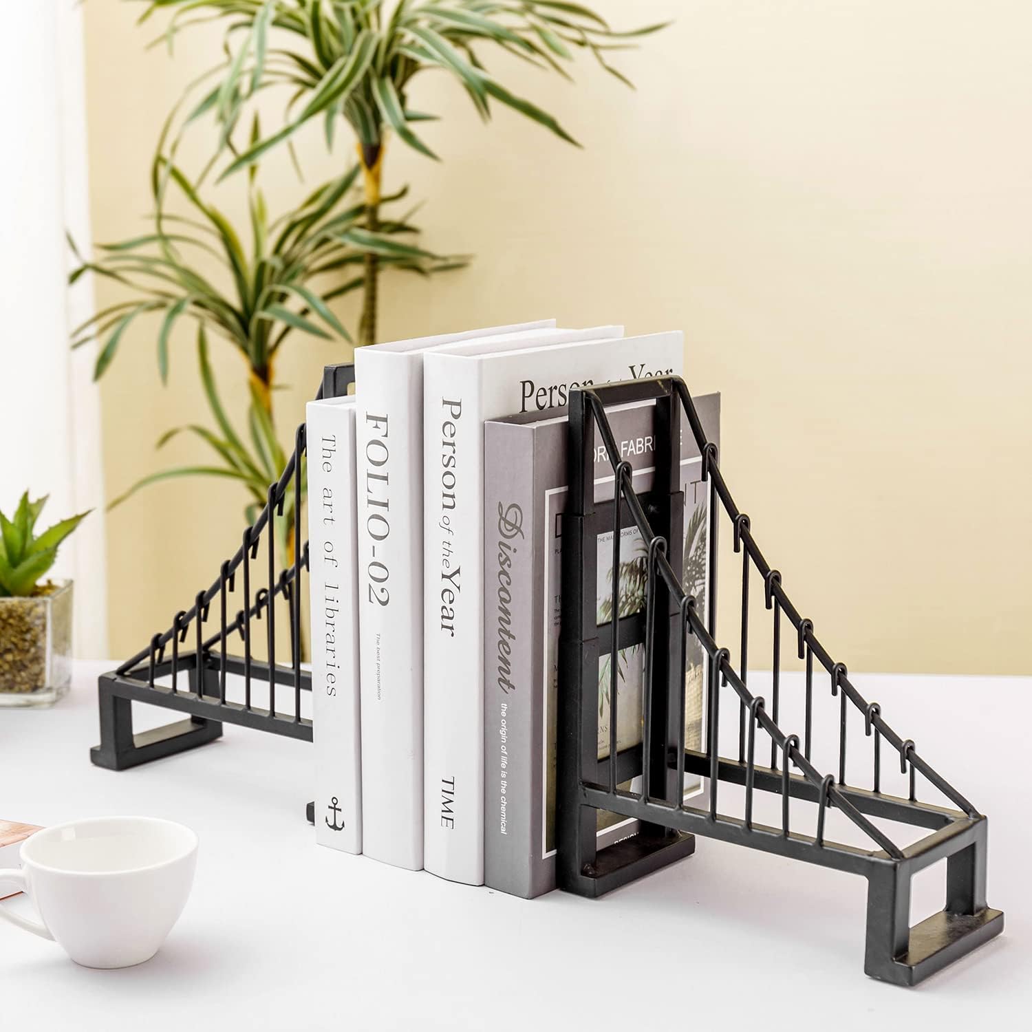 MyGift Decorative Bookends for Heavy Books, Black Metal Suspension Bridge Design Book End Shelf Decor, Architect Book Stopper Holder Stand, 2 Pcs Set