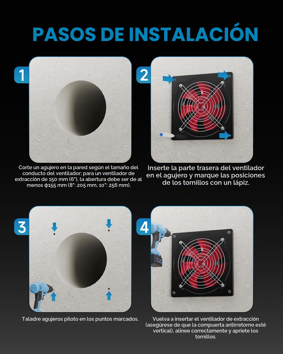 Hon&Guan 250mm Ventiladores de Extracción 1680m³/h con Interruptor | acero Inoxidable, Válvula antirretorno, enchufe UE con interruptor. Apto baño, garaje, taller, ático, almacén