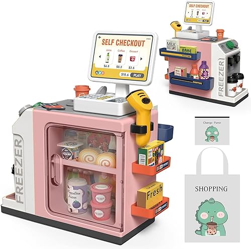 Cash Register Playset for Kids - 48PCS with Toy Coffee Machine,Pretend Play Money, Calculator, Scanner, Credit Card and Play Food for Boys and