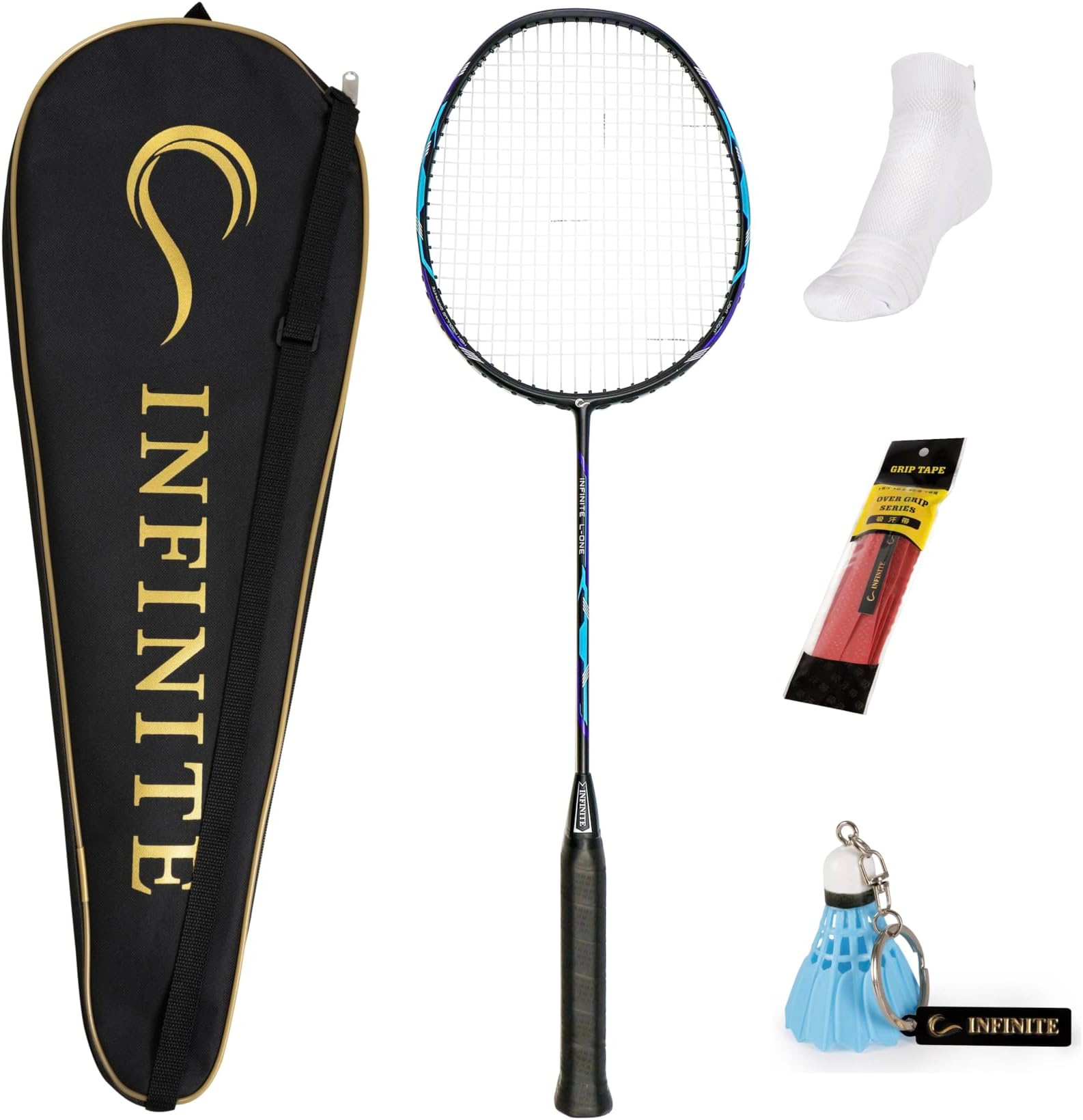 INFINITE Badminton Racket with Free Racket Bag & & Socks & Grip & Badminton Keychain, High Carbon Fiber, 73g, G5, 24-30lbs, Suitable for Intermediate Level Players (Green)