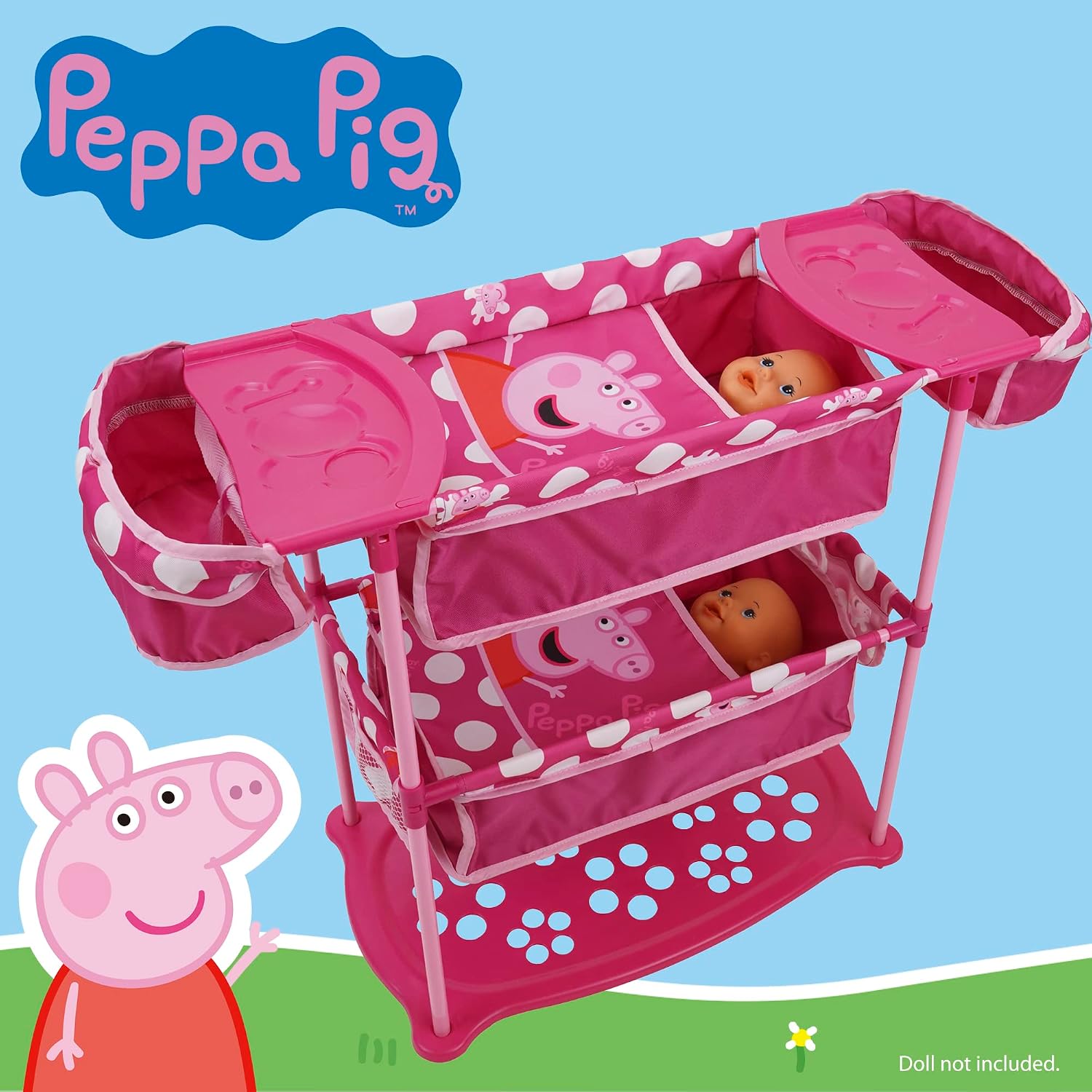Peppa Pig: Doll Twin Care Station - Pink & White Dots - Fits Dolls 14-18", Sleep Eat & Play Doll Set, Built-in Highchairs for Two, Twin Bunk Beds, Matching Pillows & Blankets, for Kids Ages 3+